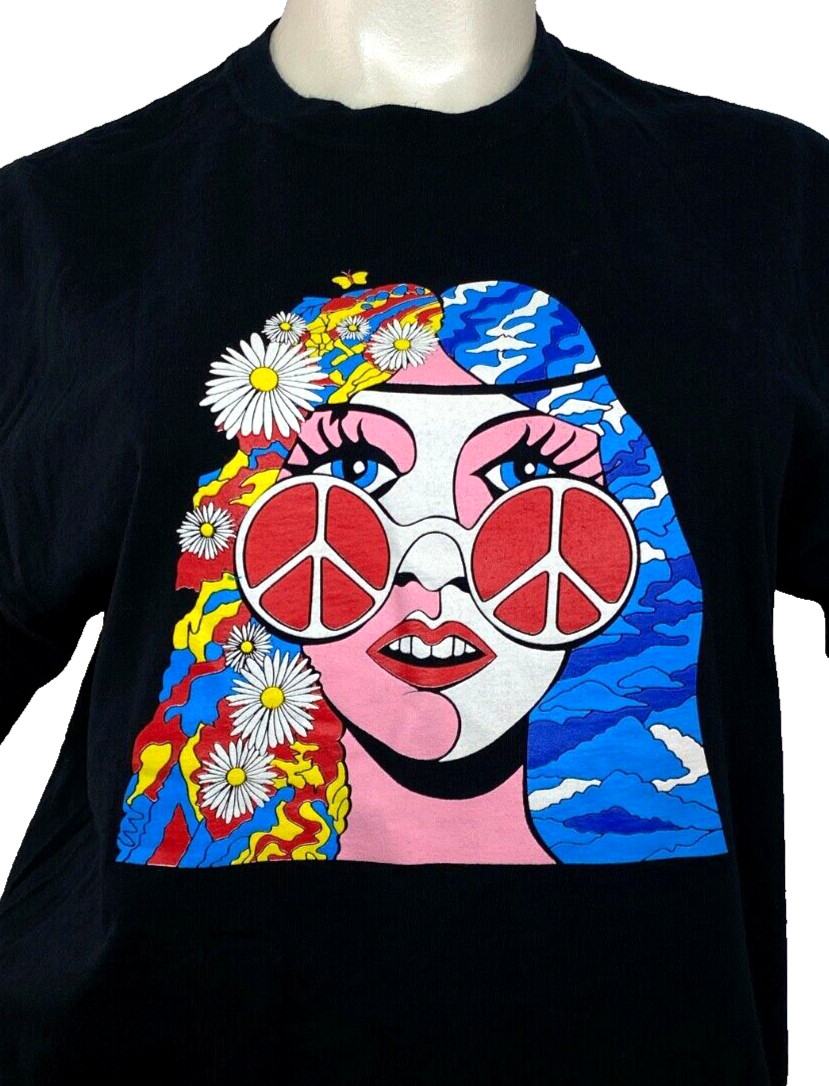Flower Child with Rock & Roll Heart T-shirt black peace sign girl lady vintage