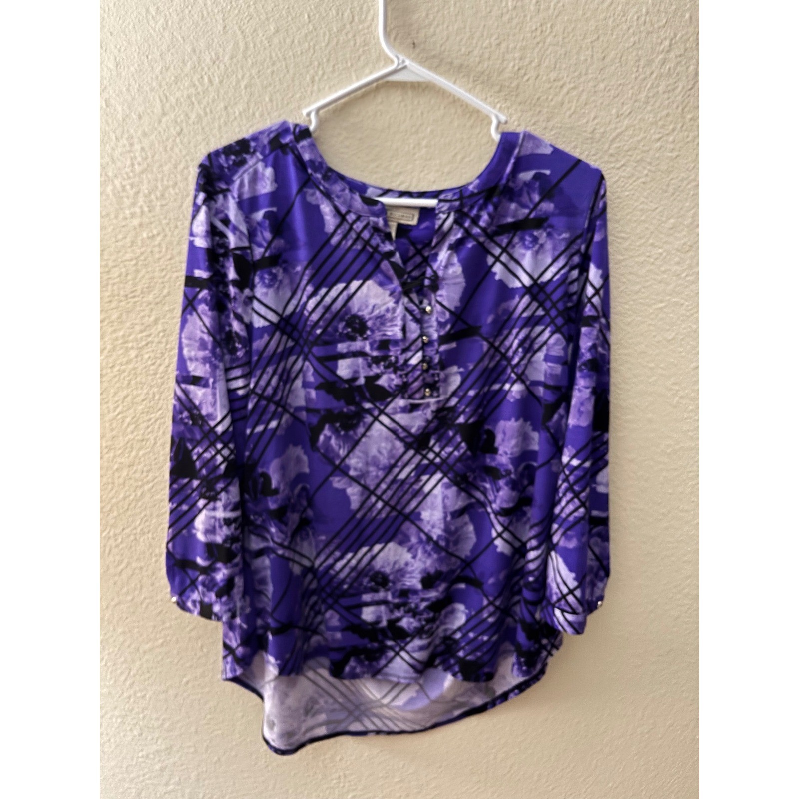 Dana Buchman Purple Floral Grid Blouse XL 3/4 Sleeve Studded High Low Top A1115