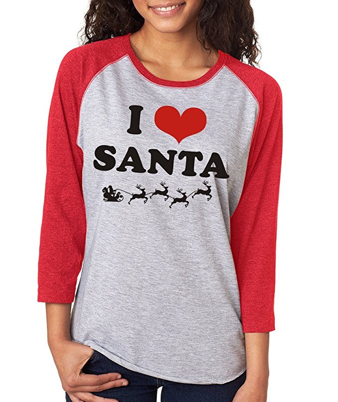 I LOVE SANTA heart sleigh funny cute Christmas gift Women’s 3/4 Sleeve T-Shirt