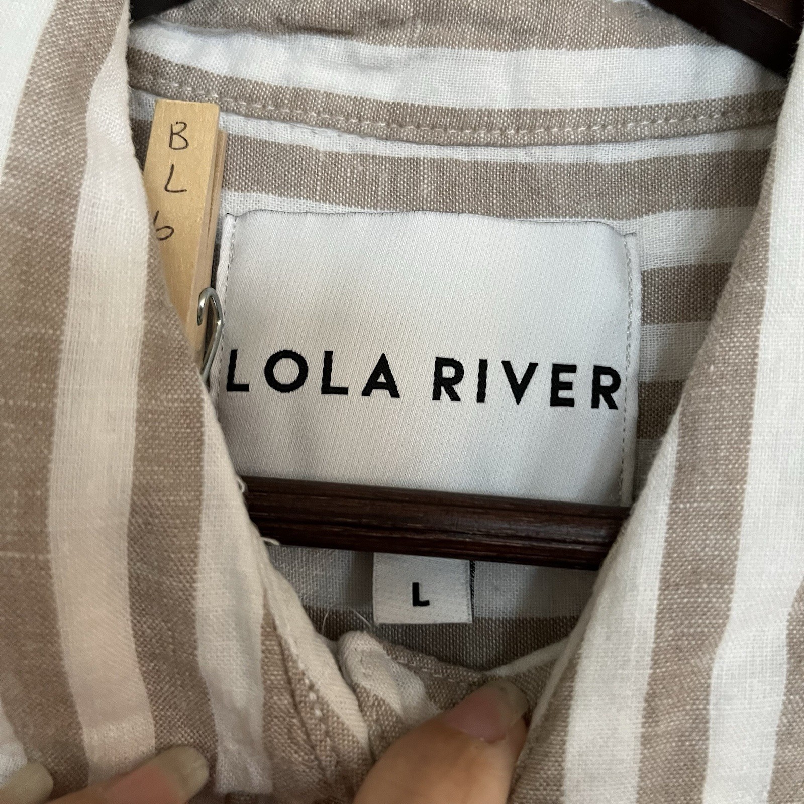 LOLA RIVER Striped Button Up Cuffed Short Sleeve Linen Tencel Shirt Blouse SZ L