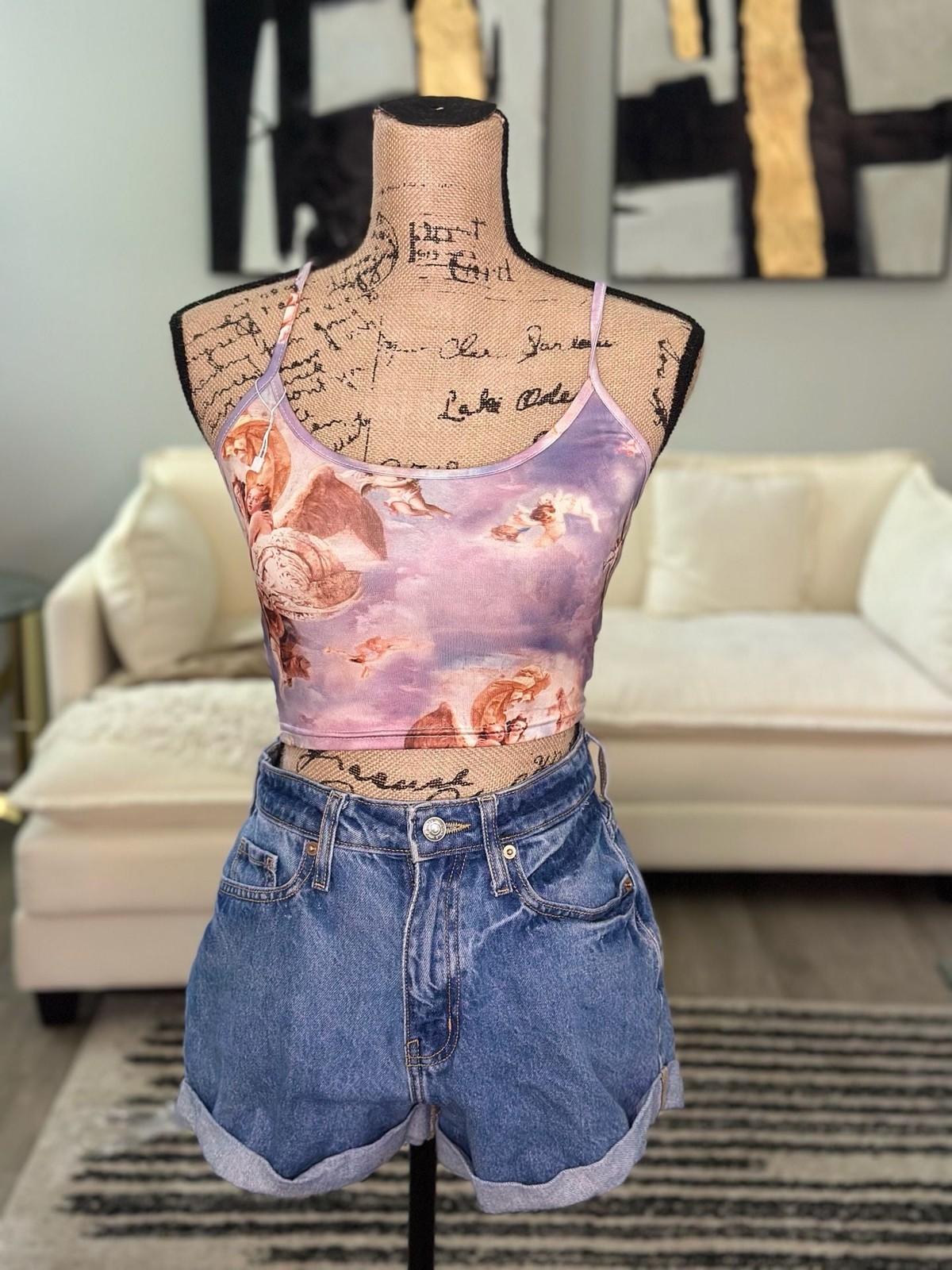 Renaissance Angel Print Crop Tank Top