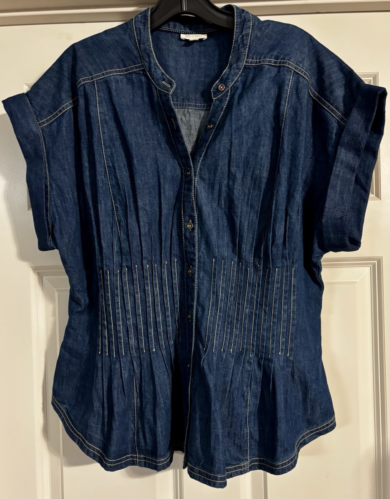Pilcro x Anthropologie Coastal Preppy Old Money Denim Pleated Corset Top Size L