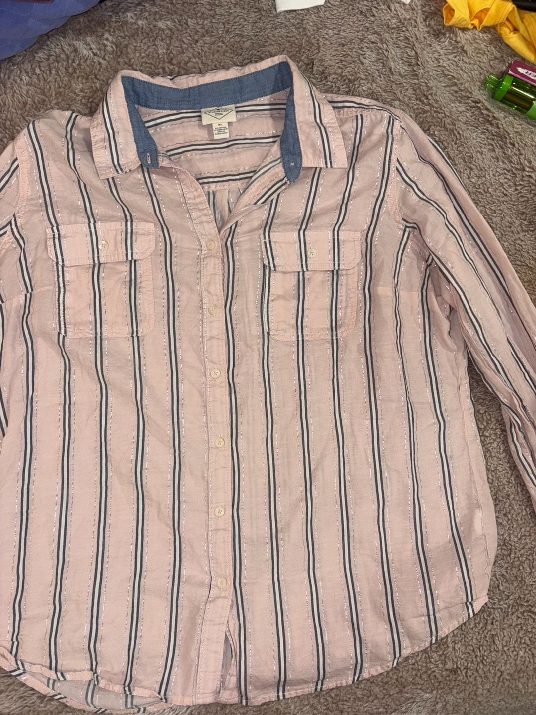St. John’s Bay Women’s Pink and Metallic Stripe Button-Down Shirt