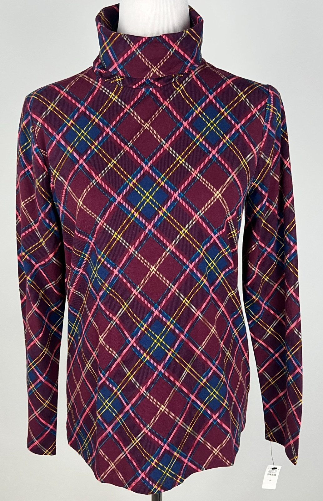 *NWT* TALBOTS L/S Soft Stretch Cotton Plaid Turtleneck – M, Burgundy Coral Blue