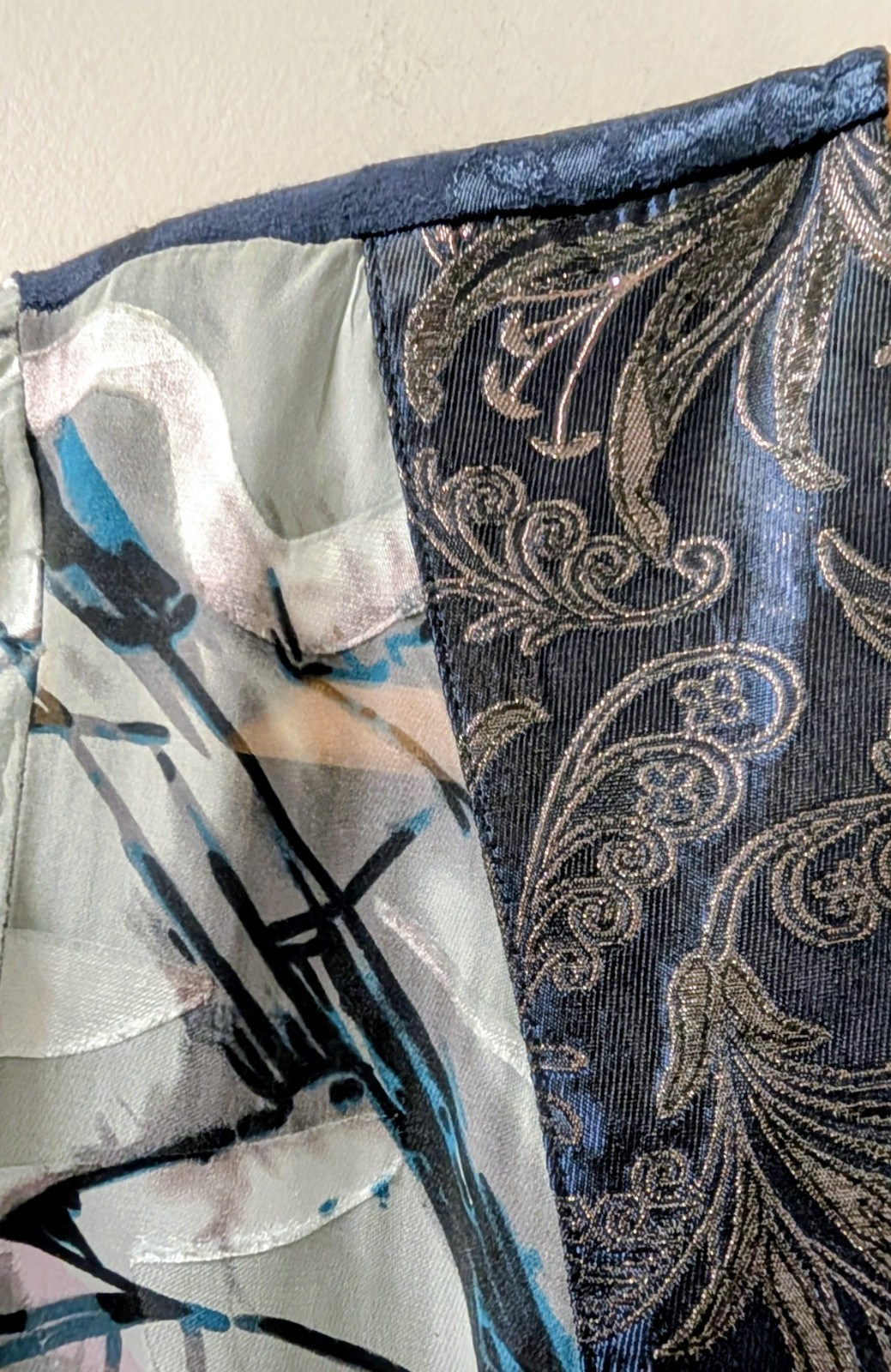 Vintage Violet Kay Silk Rayon Midnight Blue Lace Bling Blouse Kimono Style L