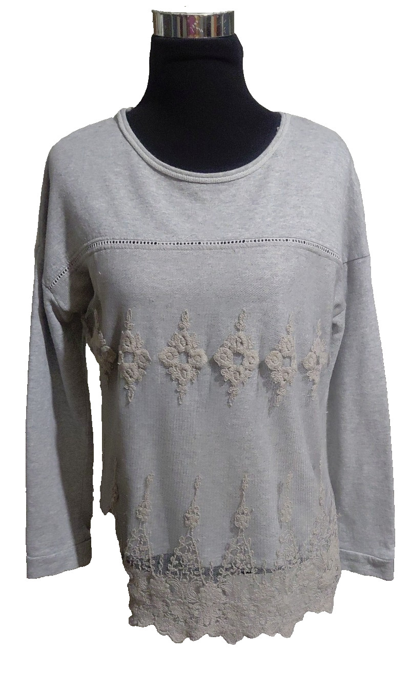 Jolt Gray Fleece Sweatshirt Cream Embroidered Lace Overlay Front Women’s Large