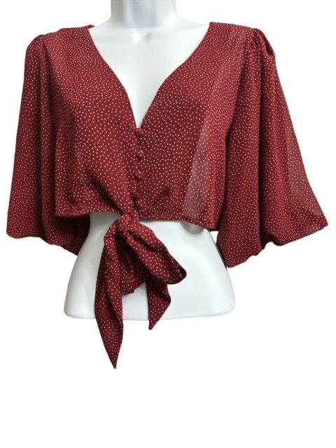 Papermoon Crop Medium Top Sheer Burgundy Polka Dots Lined Balloon Short Sleeves
