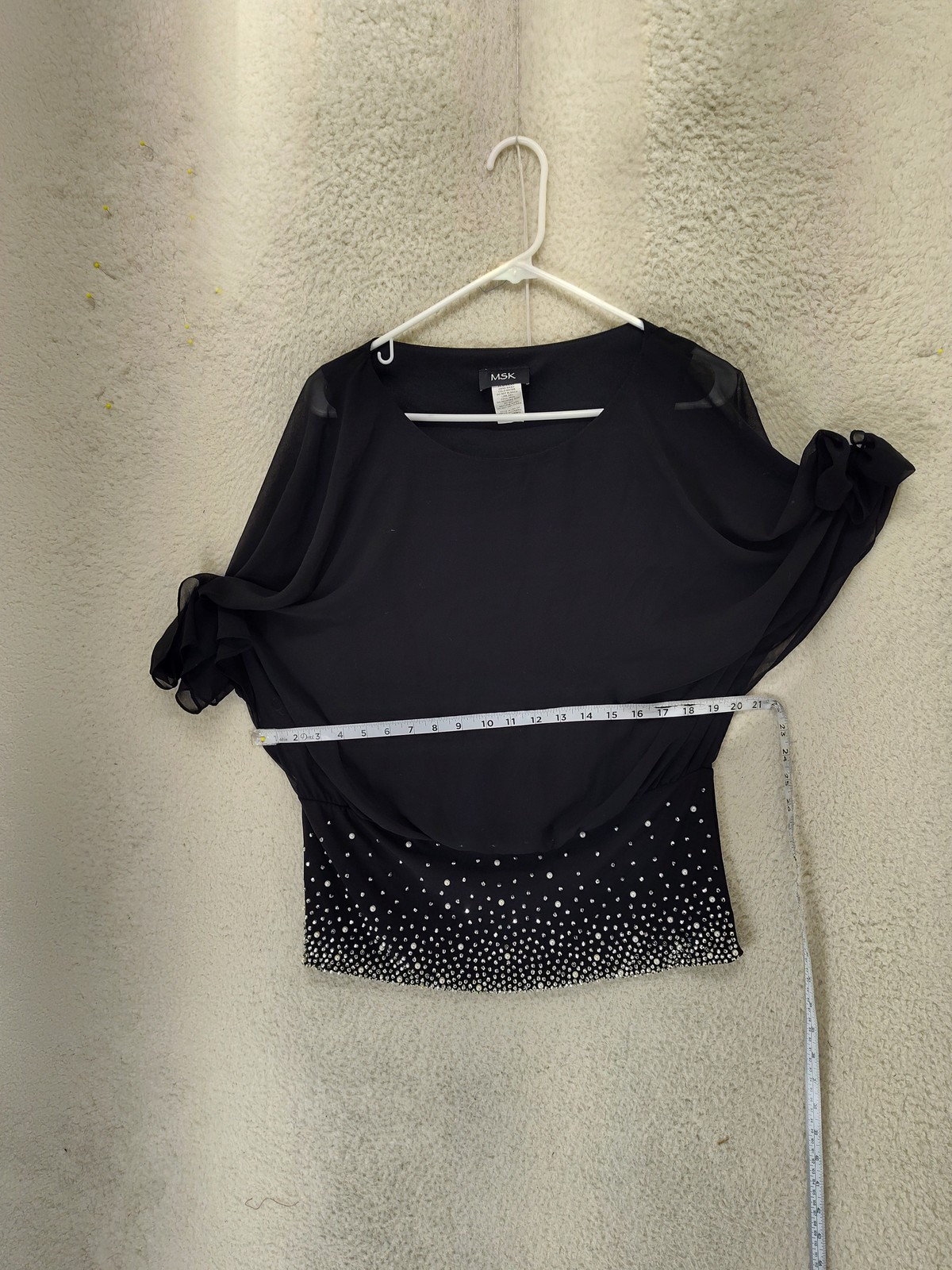 MSK Blouse Womens Medium Black Chiffon Cape Sleeve Embellished Party Top Elegant