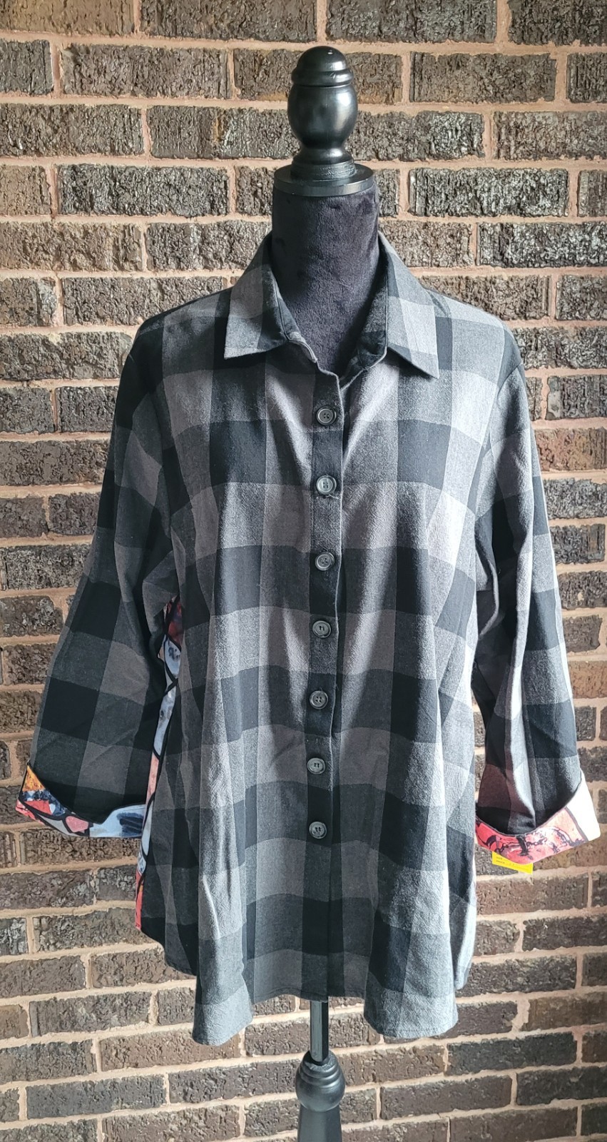 Shana Womens NWOT Black Plaid Print Art To Wear Cotton Button Up Sz XXL Pockets