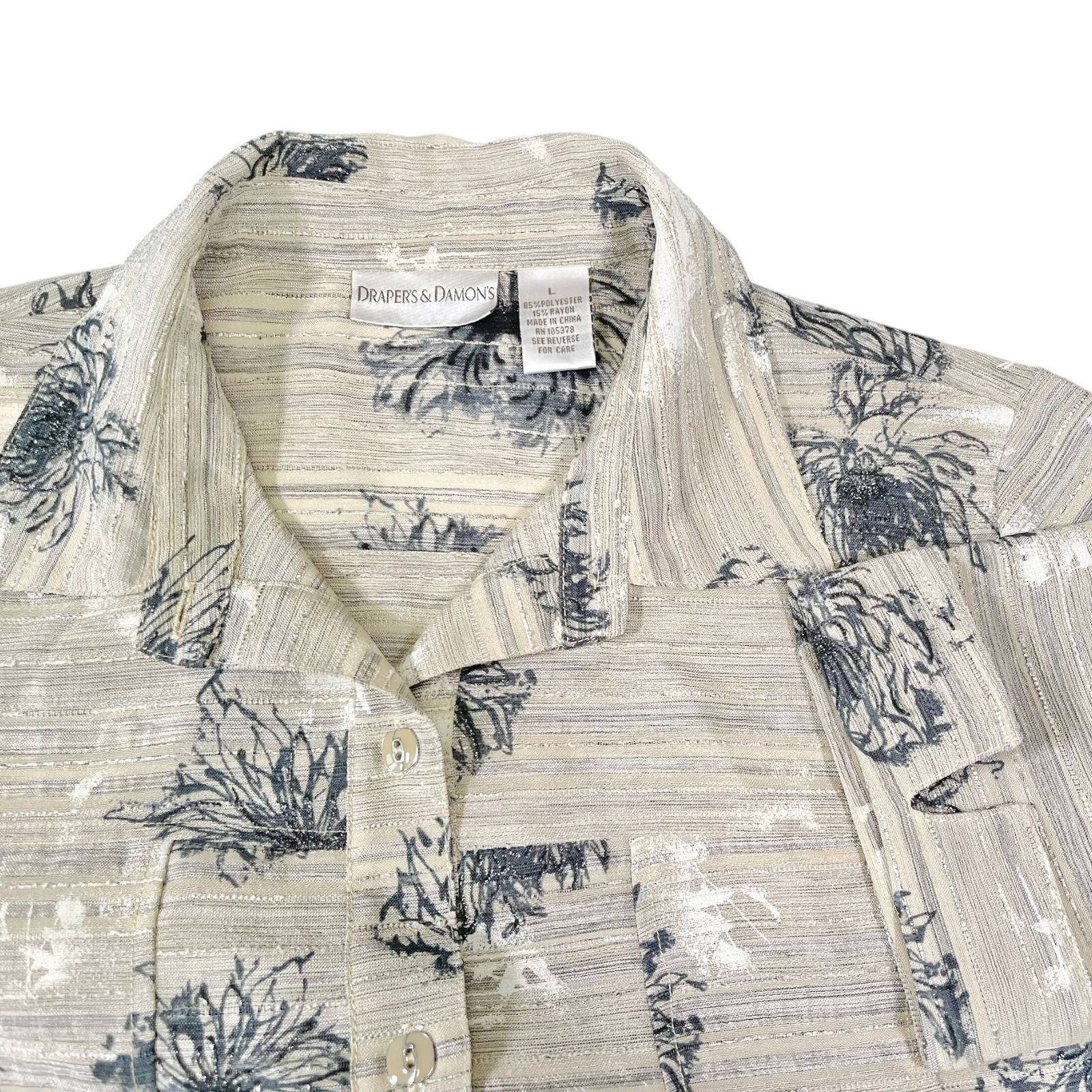 Drapers & Damons L Beige Button Up Floral Metallic Pinstripe Coastal Grandma