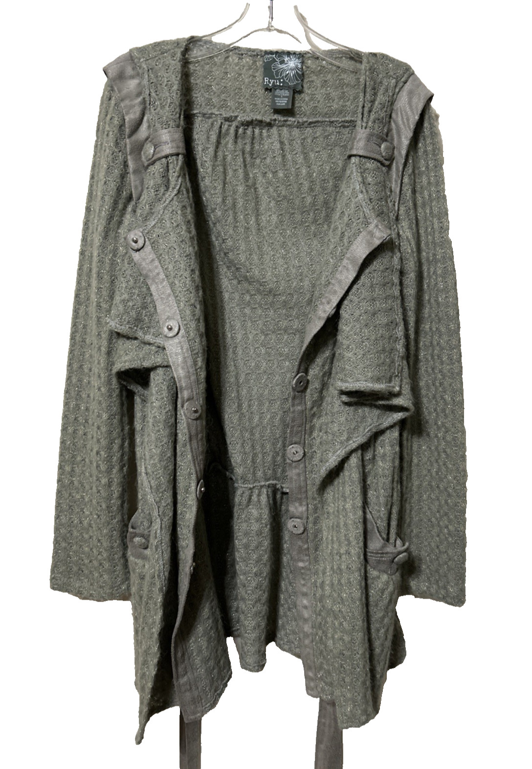 RYU Gray Glitter Cardigan Sweater Ruffle Button Front Belted Pockets Womens S