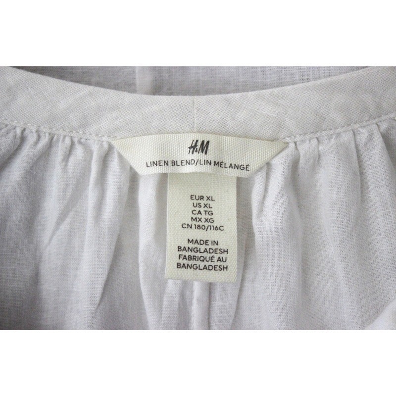 H&M Linen & Cotton Blend Tie-Neck Balloon-Sleeve Blouse in Crisp White (XL)