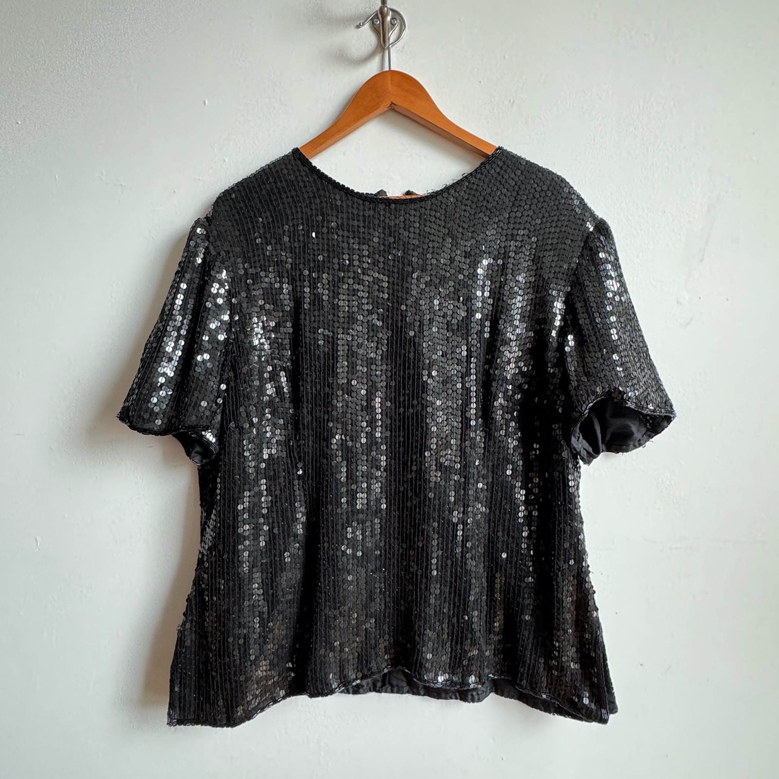 Vintage Distressed PAPELL BOUTIQUE EVENING Black Silk Sequined Blouse