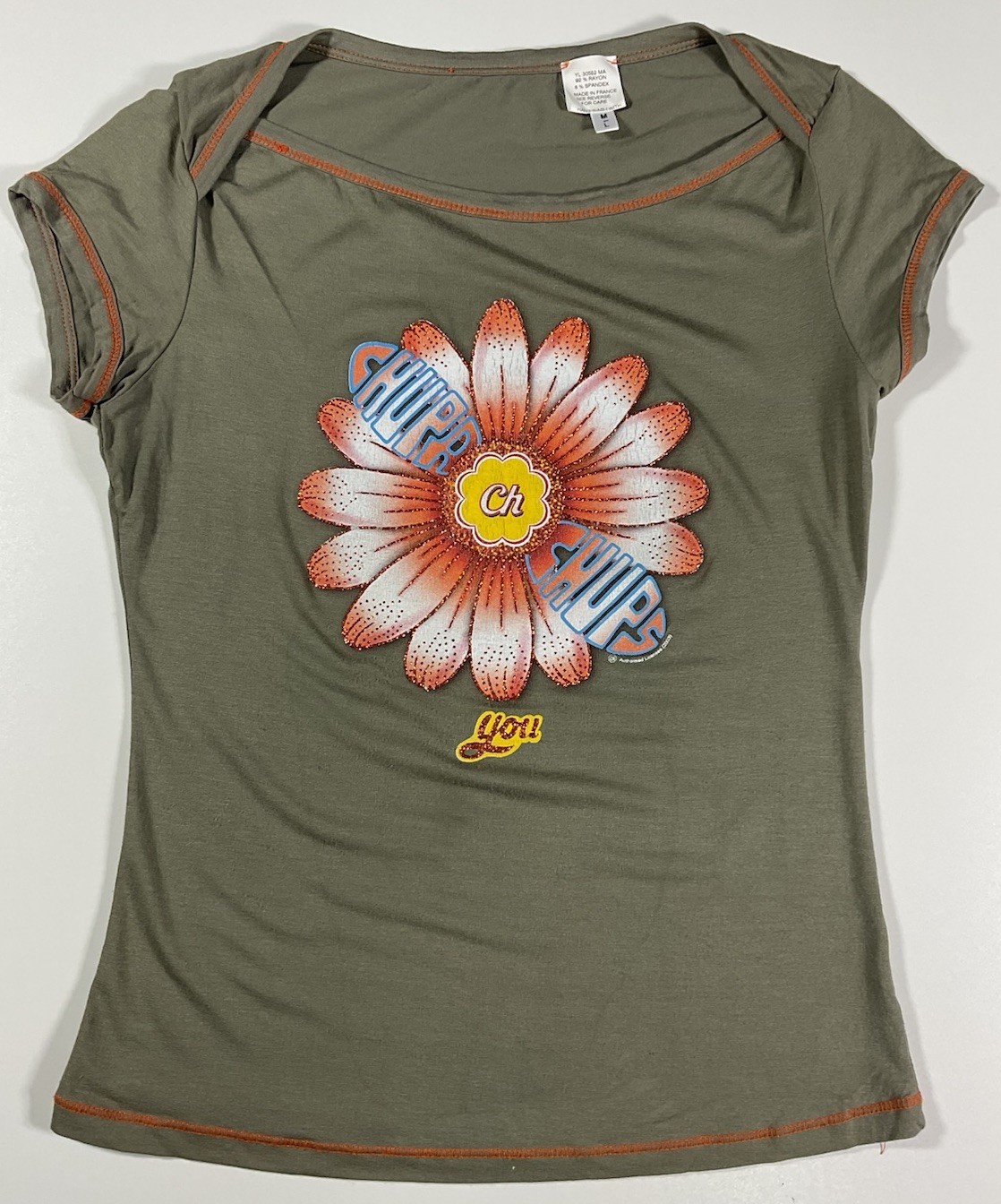 Vintage Chupa Chups Lollipop Top Sz M/L Stretch Glitter Rhinestone Y2K