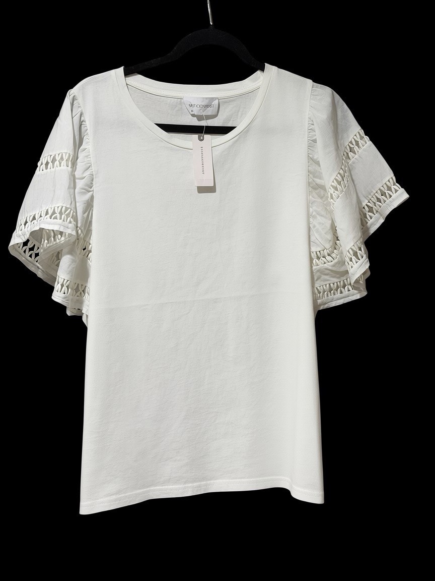Self Contrast Flutter Sleeve Cutwork Top XL White Boho Romantic Cottagecore NWT