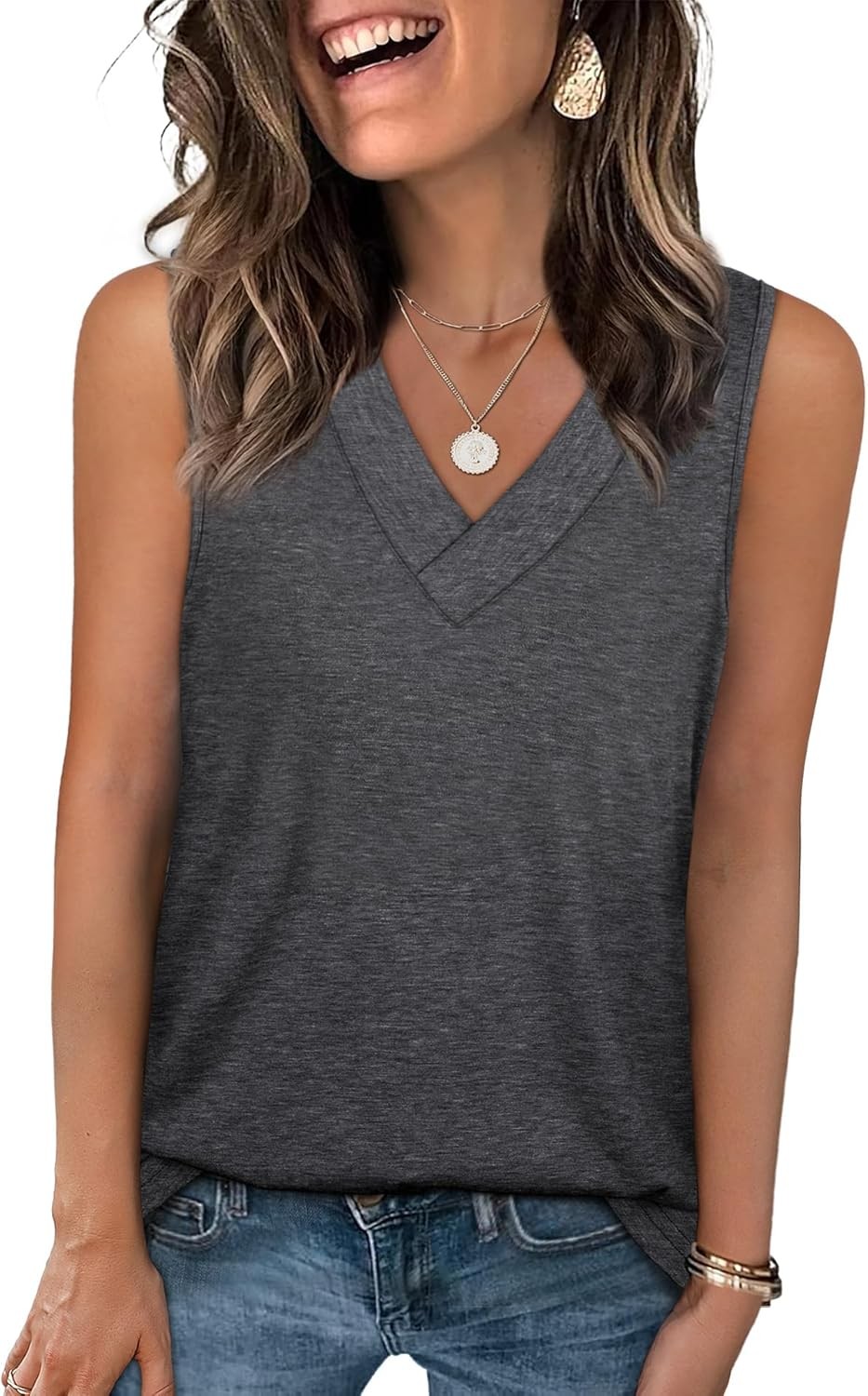 Tank Tops for Women Summer V Neck T Shirts Trendy Sleeveless Basic Tee Loose Fit