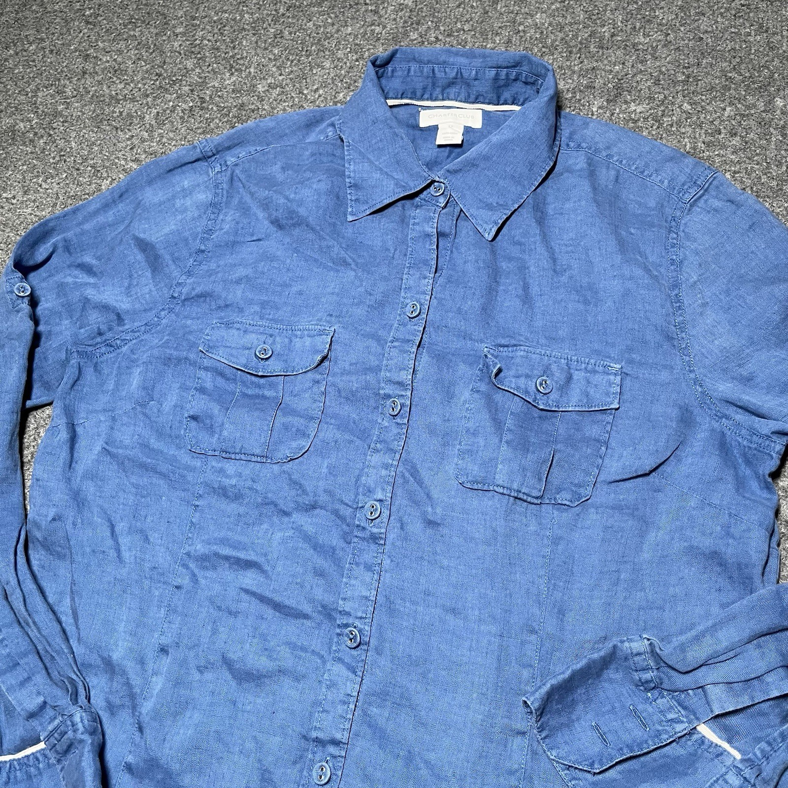 Charter Club Shirt Womens 12 Blue Linen Collared Front Coastal Beachy Roll Tab