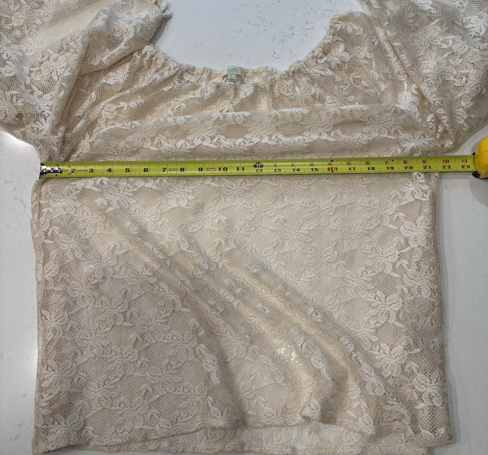 Kori America Lace Boho Peasant Top L Tassel Bell Sleeve Off Shoulder Cream
