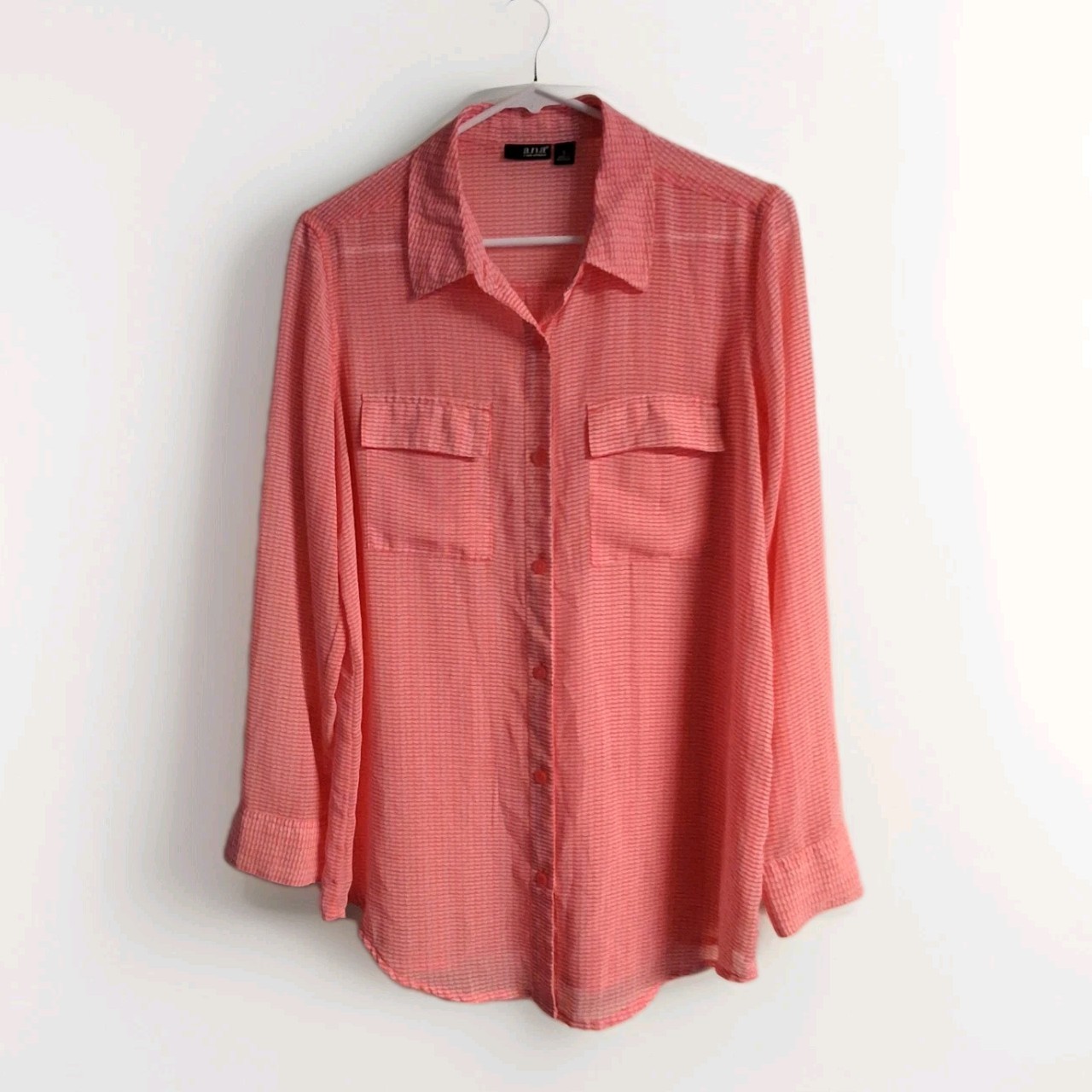 A.N.A. WOMANS L Orange sheer chiffon button down long sleeve COLLAR BLOUSE Sz S