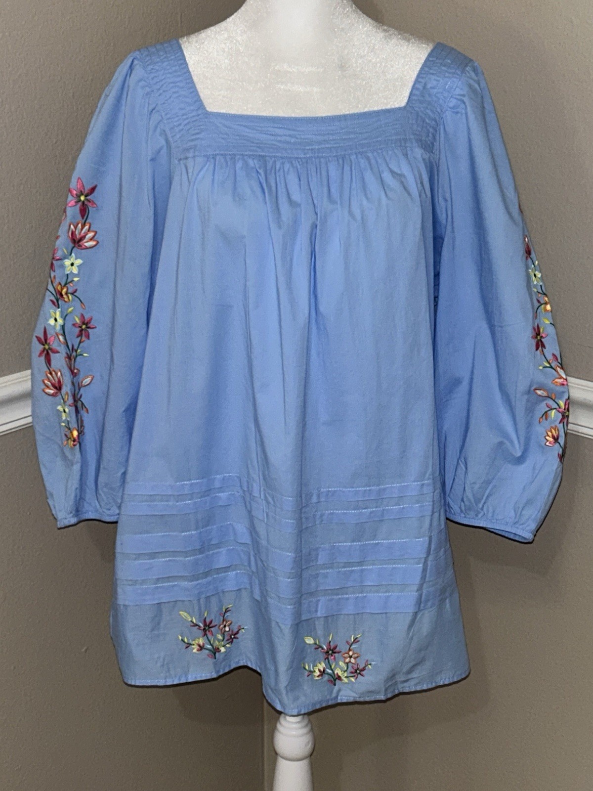 Ree The Pioneer Woman XXL Blue Cotton Embroidered Tunic Top NWOT