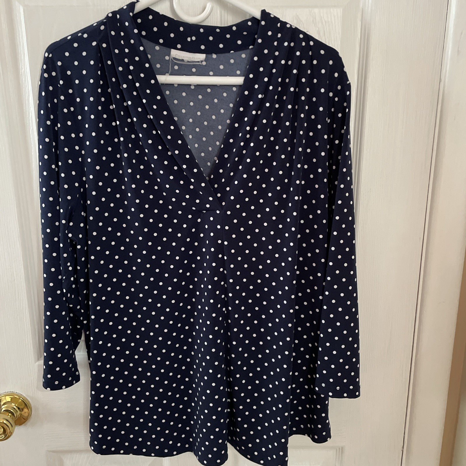 Charter Club Womens Top Size L Navy Blue Polka Dot 3/4 Sleeve V Neck Stretchy