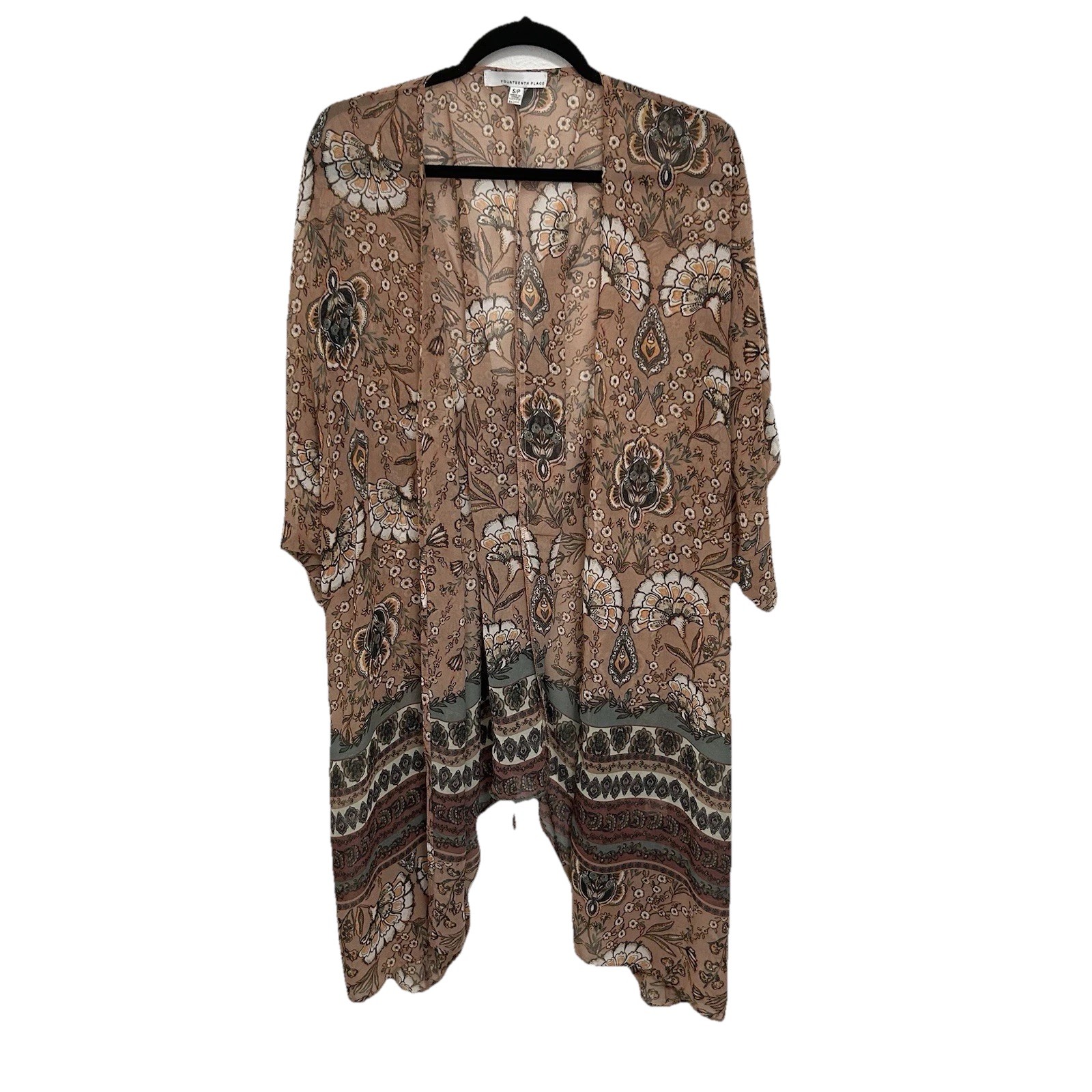Fourteenth Place Brown Floral Kimono Cardigan Corset Lace Duster Romantic Sz S