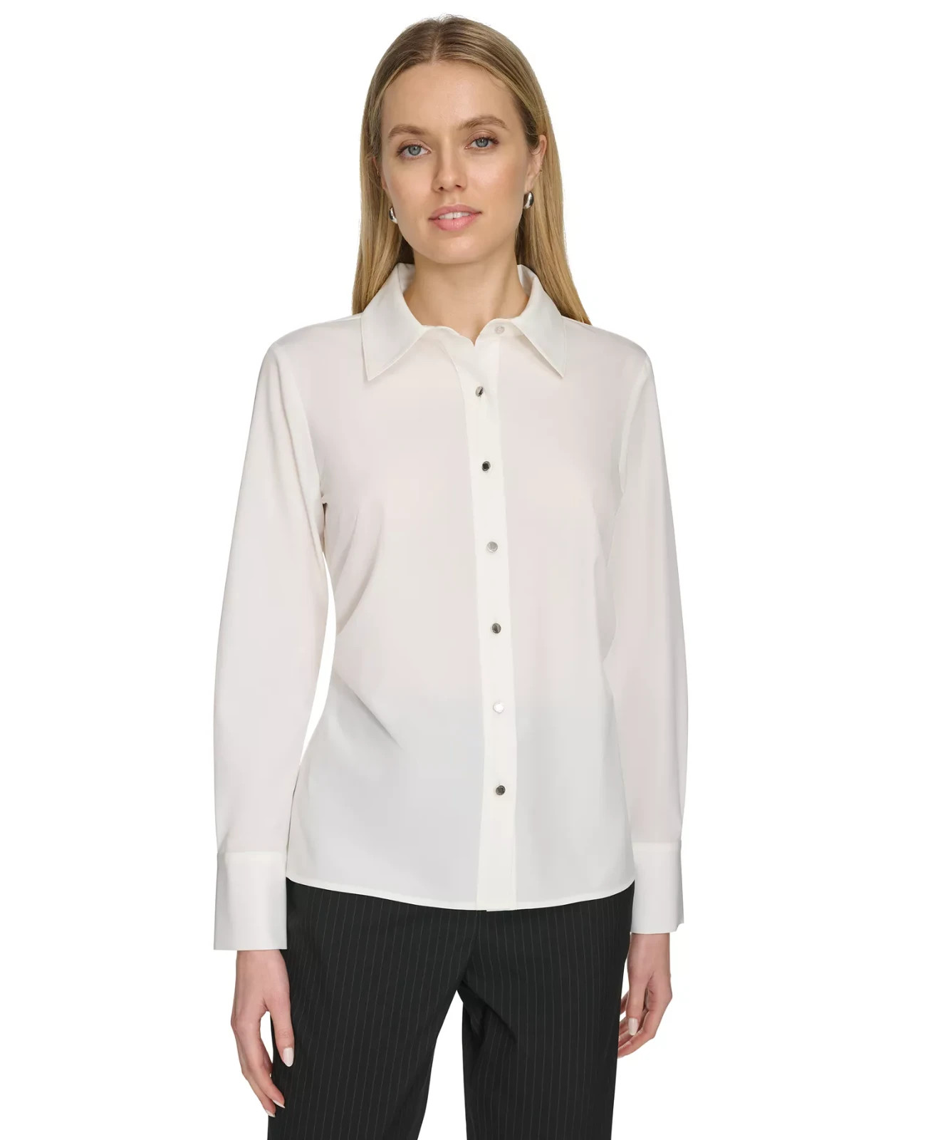 Calvin Klein Long Sleeve Point Collar Blouse Women S Cream Button-Front Closure