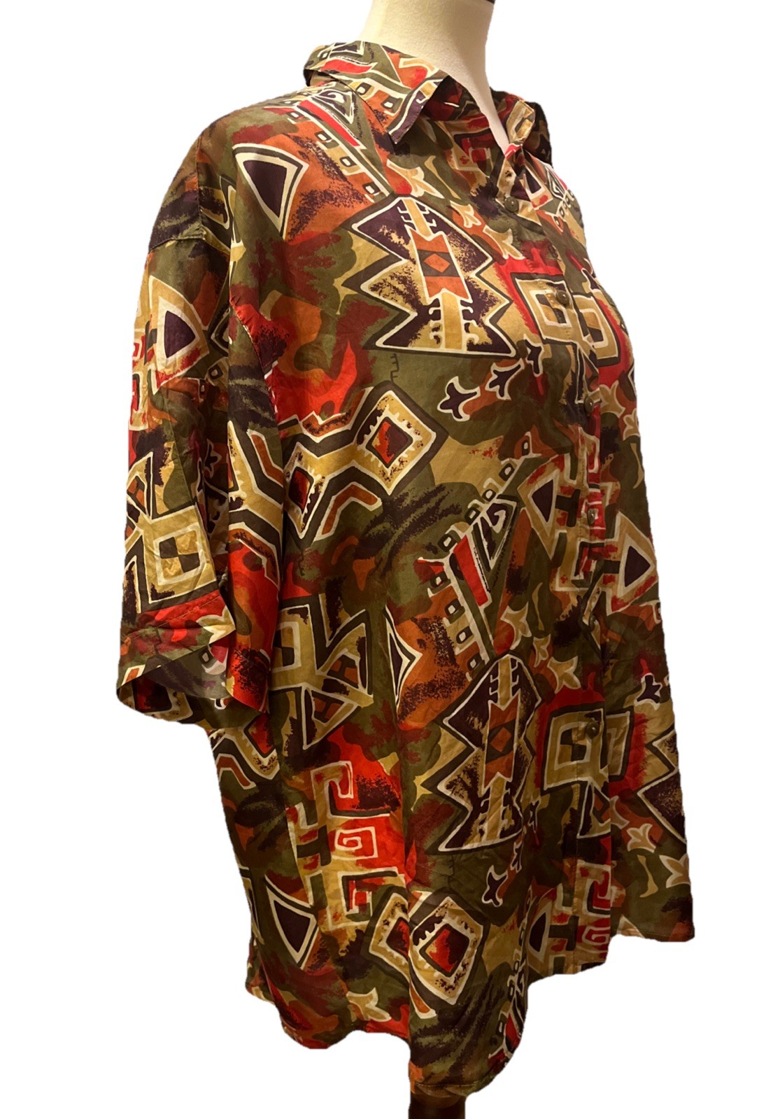 100% Silk Camp Shirt Y2K Large Button Up Gold Geometric Oversized Vintage