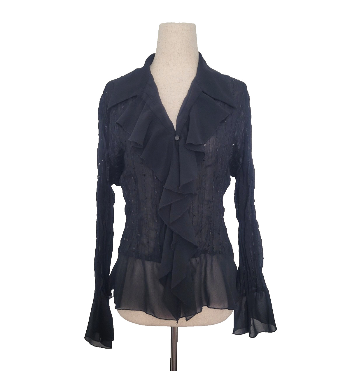 VTG Y2k Notations Ruffle Sheer Sequin Button Up Top Size L Whimsigoth Goth Witch