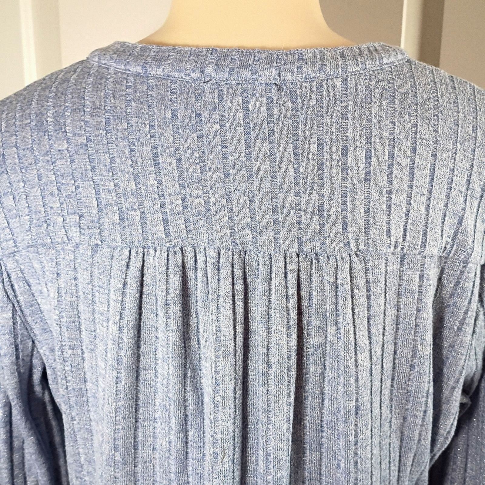 Cocomo Blue and Silver V Neck Swing Sweater Ribbed Button Up Roll Tab Sleeve L