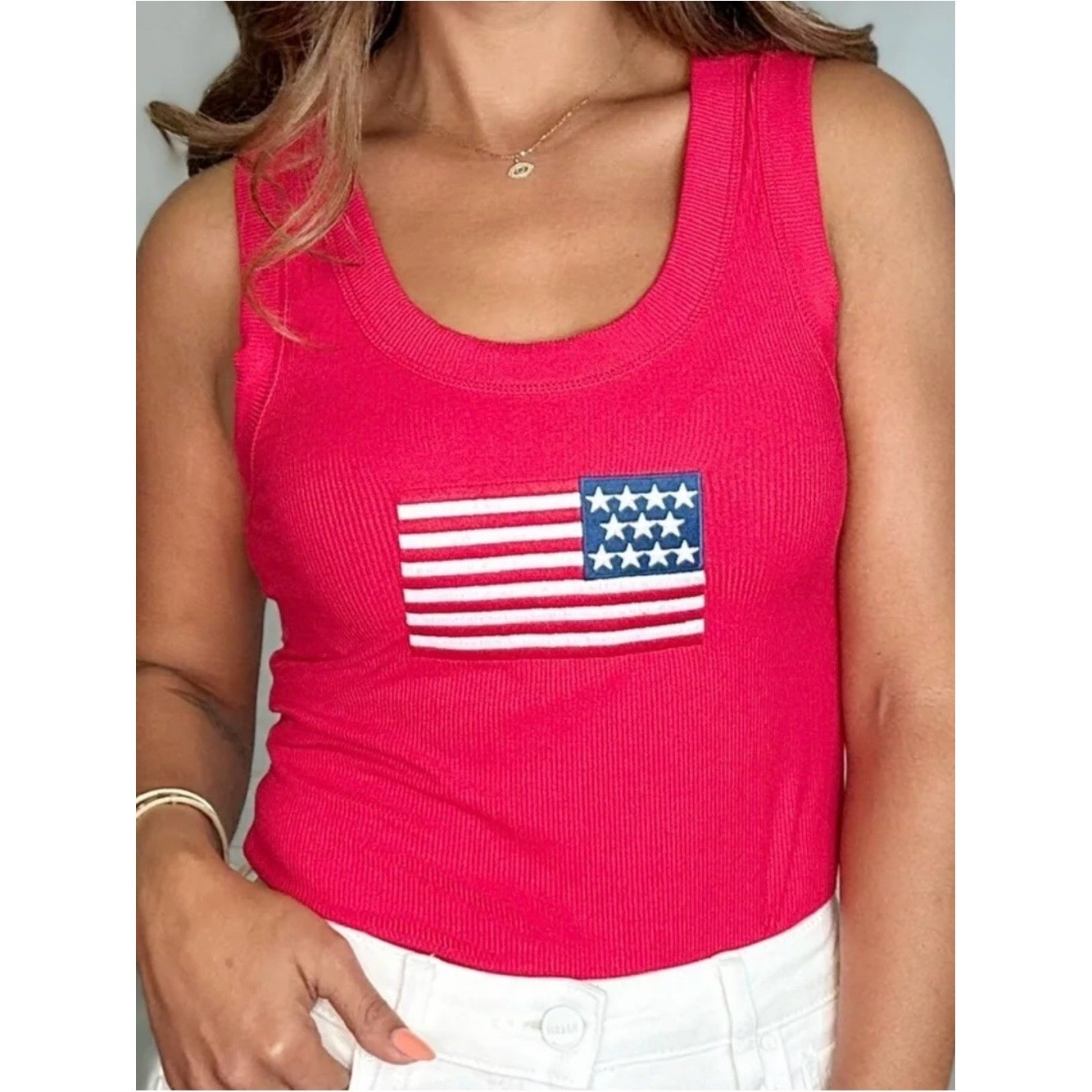 Zenana Outfitters Red Ribbed Tank Top with American Flag Graphic