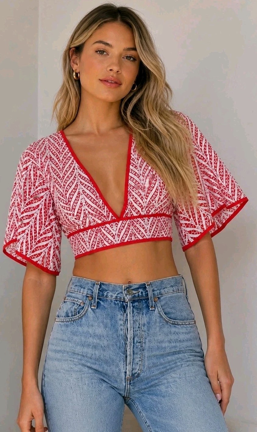 Lovers + Friends REVOLVE Red White Embroidered Eyelet Crop Top NWT L