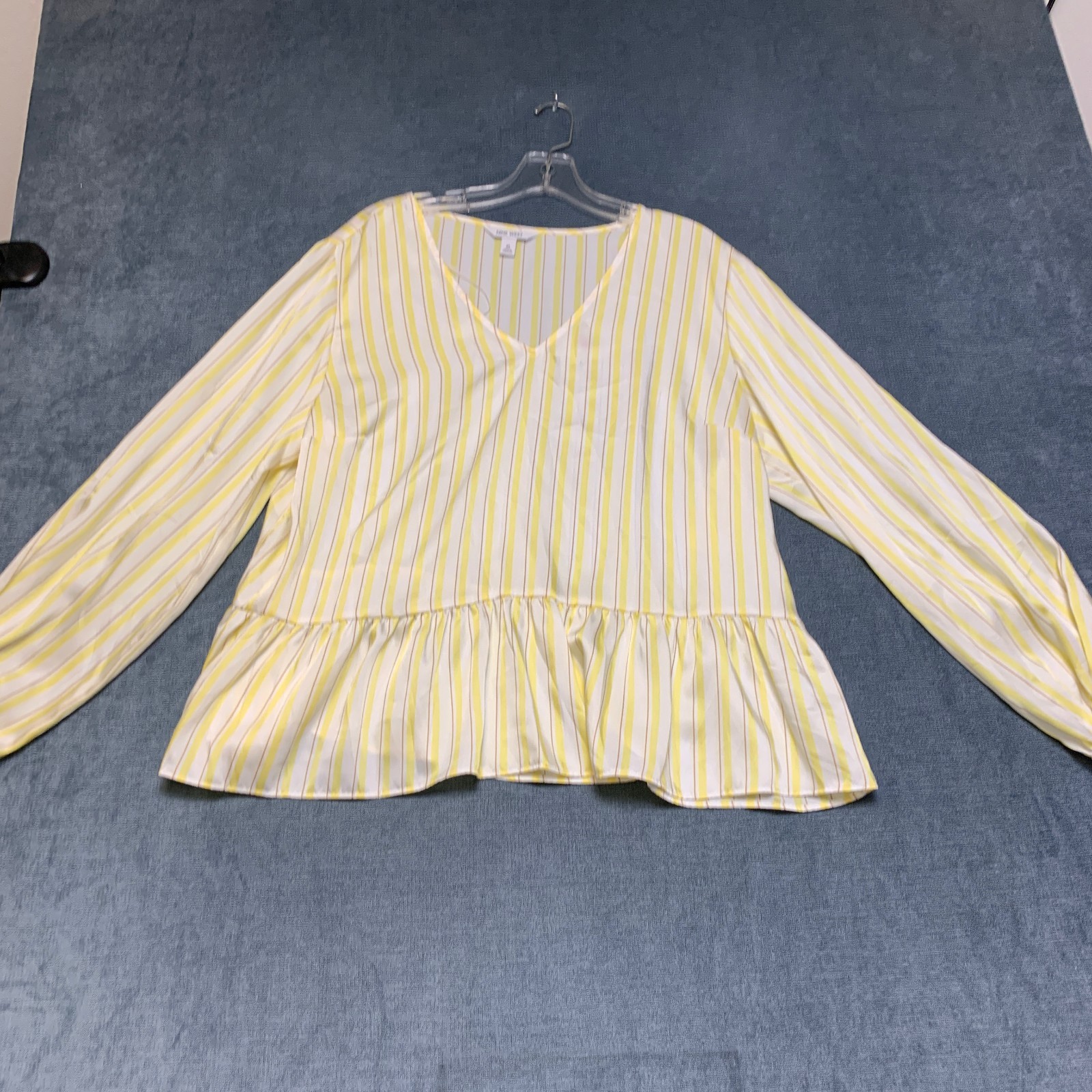 Nine West Shirred Tunic Top Womens XL Yellow White Striped V Neck Long Sleeve