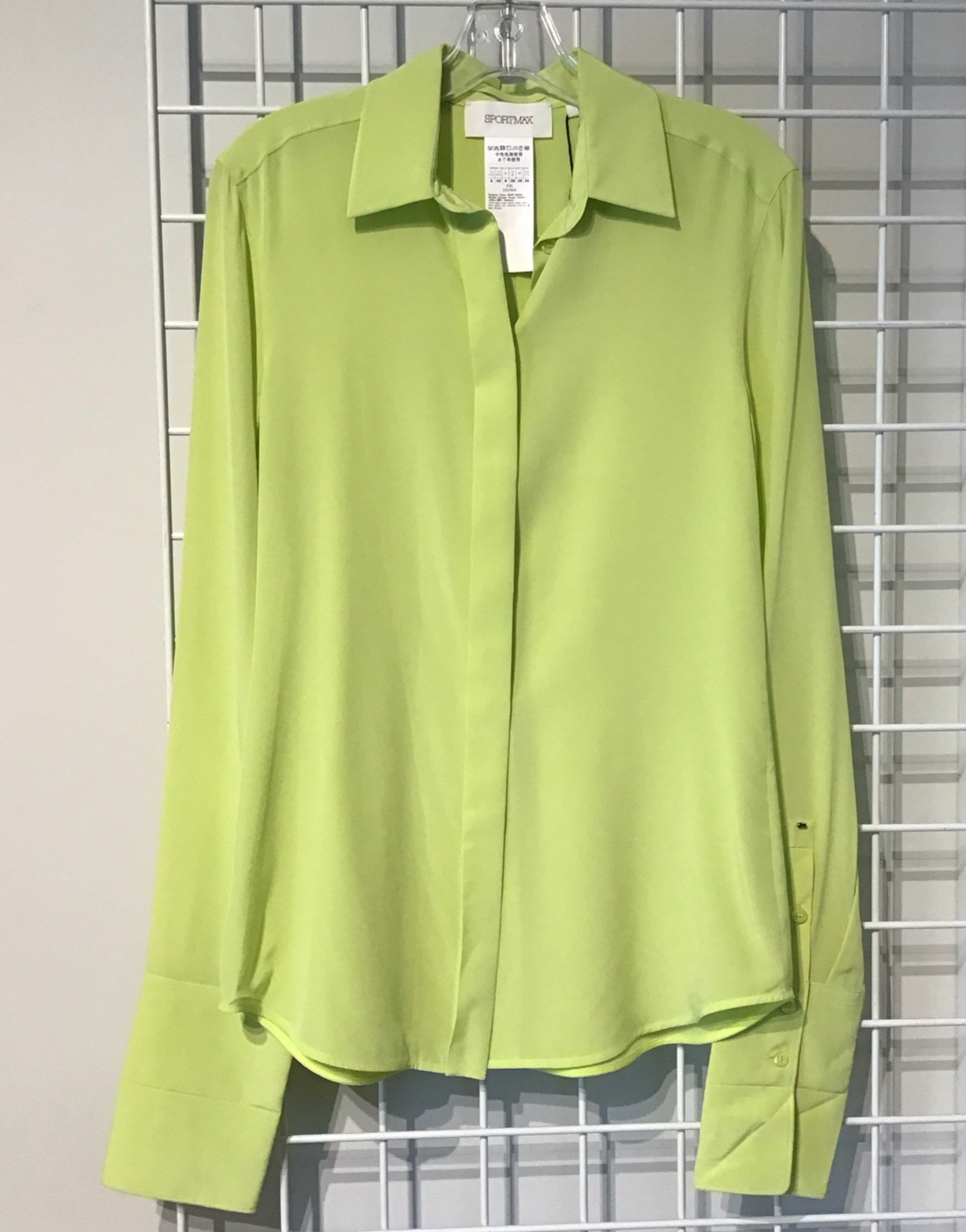 Max Mara SPORTMAX Algebra Lime Silk Shirt Button Front Elongated Cuffs NWOT US6