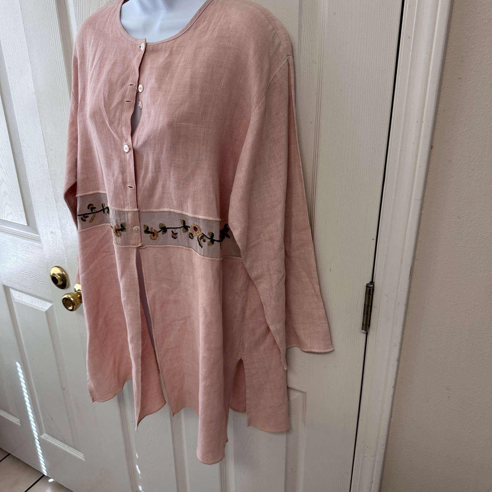 Nooshin Femme Tunic Blouse Women Size M Pink Linen Blend Floral Embroidered Mesh