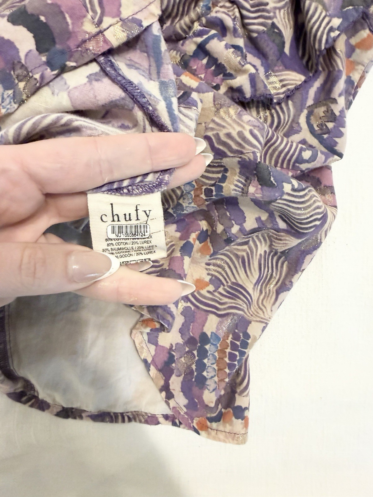 Chufy Cotton Lurex Chiffon Ruffle V-Neck Tie Blouse Purple Abstract S