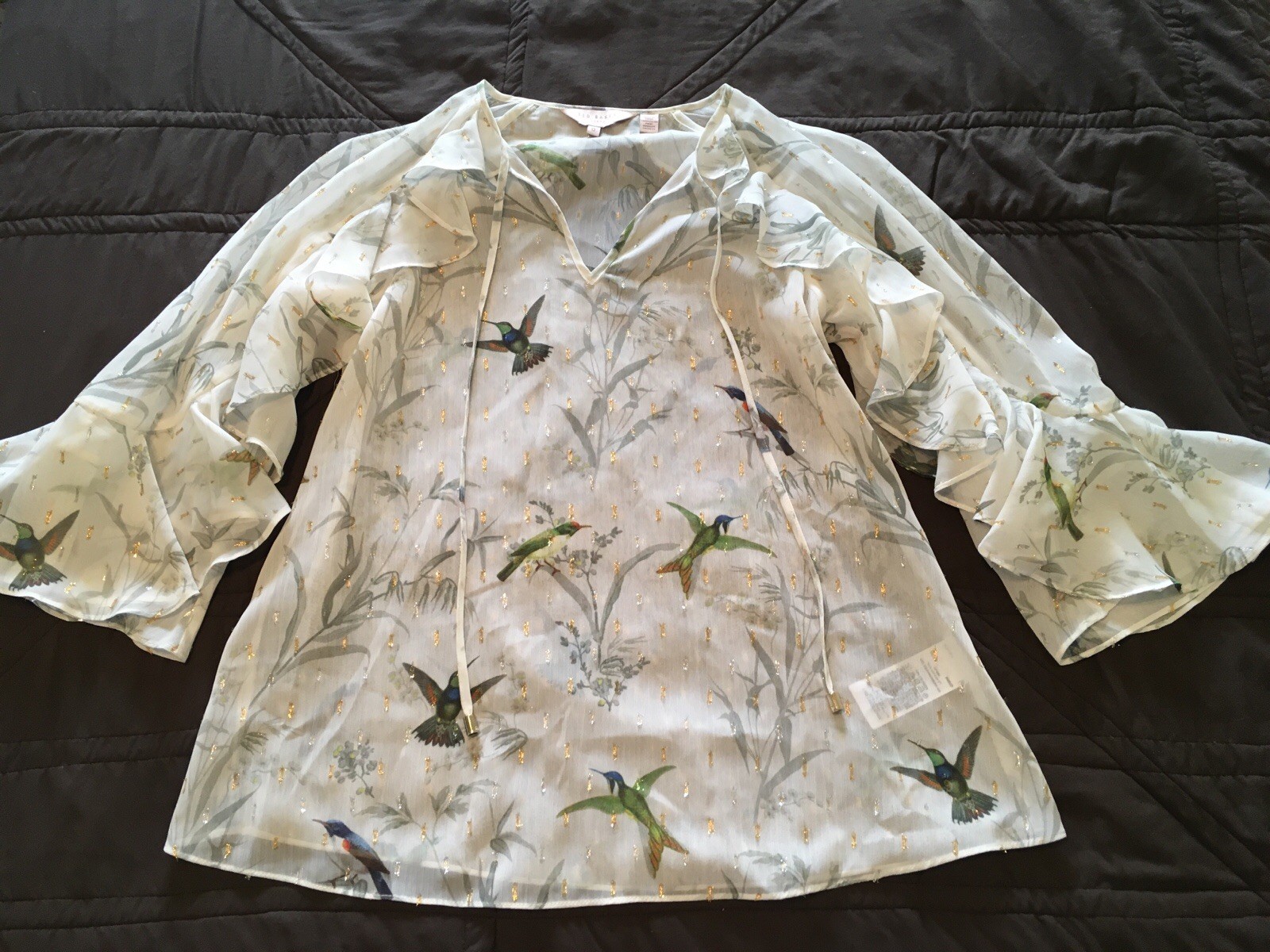 Ted Baker Lassii Fortune Print Sheer Hummingbird Ruffle Flutter Blouse Size 0
