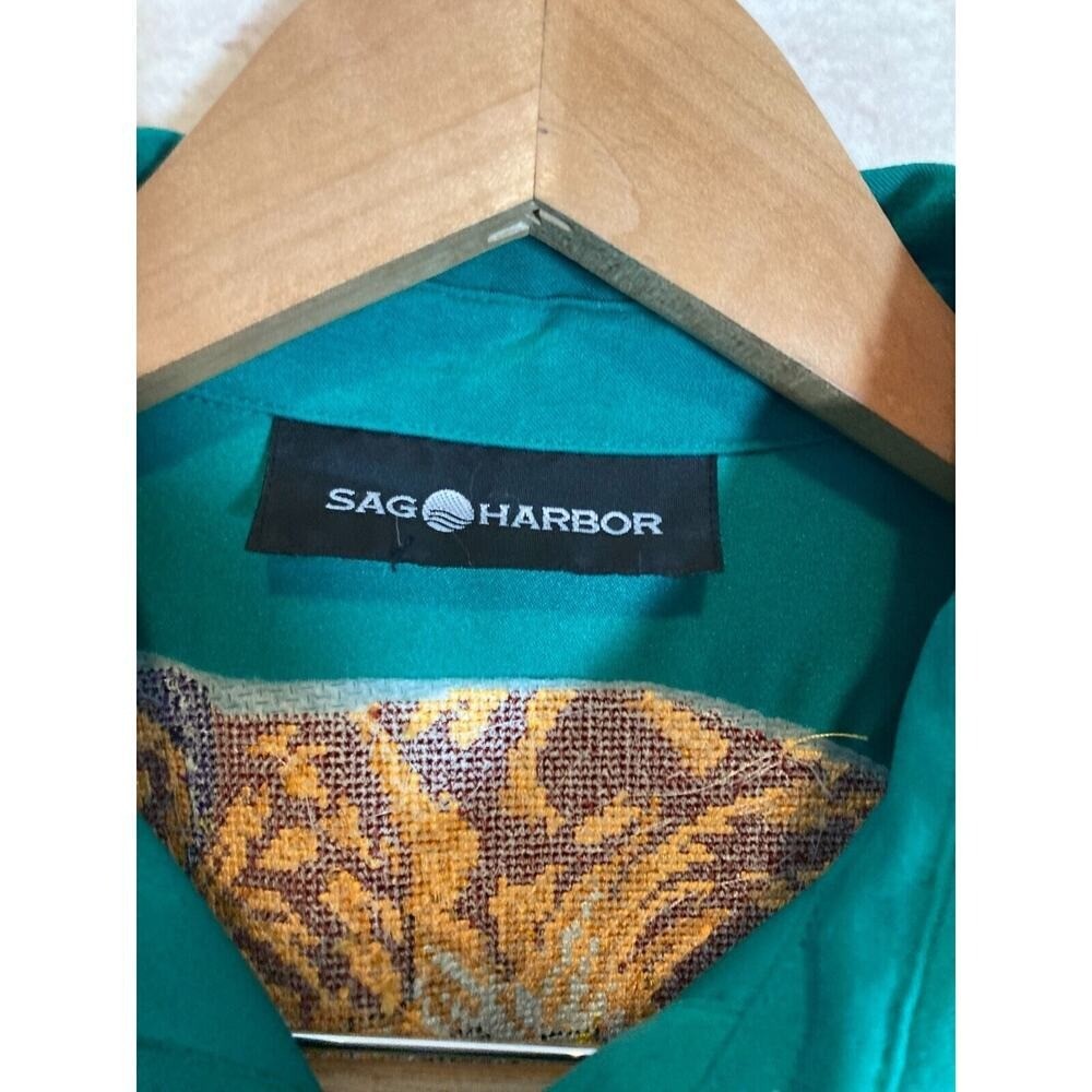 Sag Harbor Top Womens Large ? Green Button Up Cat Print Embroidered Long Sleeve