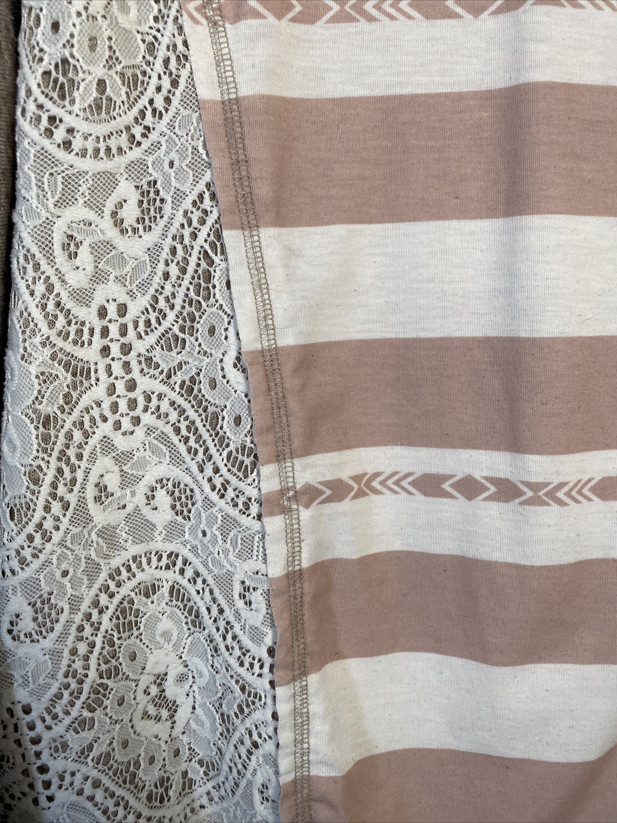 Jolt Top Womens Large Lace Striped Southwest Pink Ivory Brown Long Sleeve