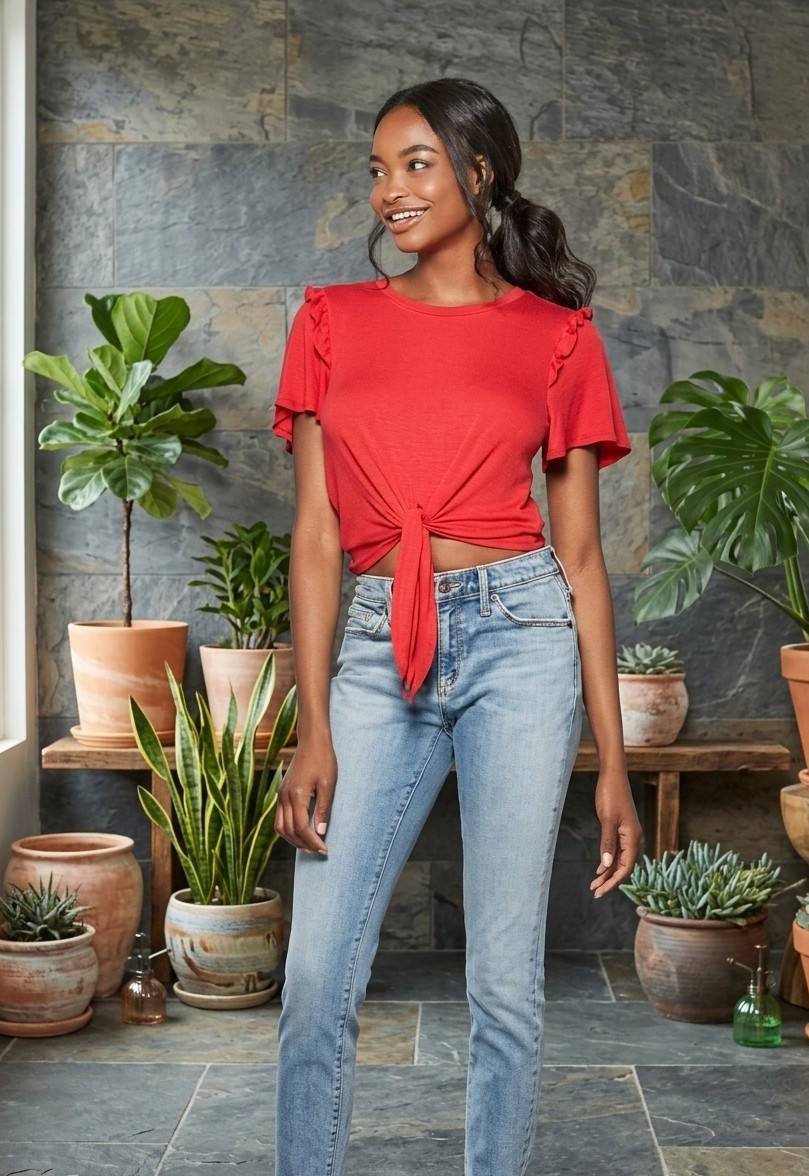 Lily Star Women’s Juniors’ Short Sleeve Tie Front Ruffle Shoulder Top Red L New