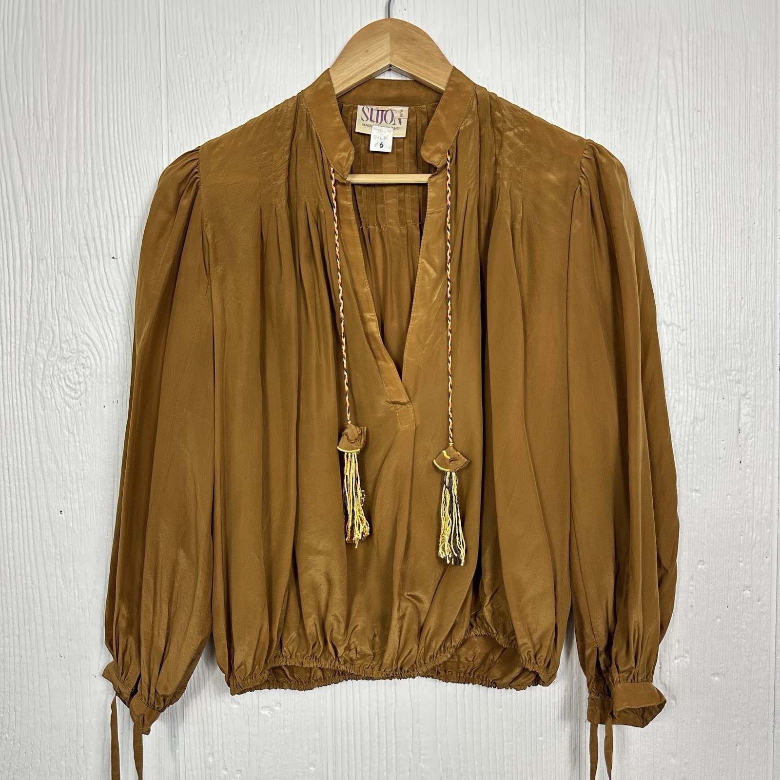 Vintage 70’s SUJON England Designer 100% Silk Tan Puff Sleeve Tassel Tie Blouse