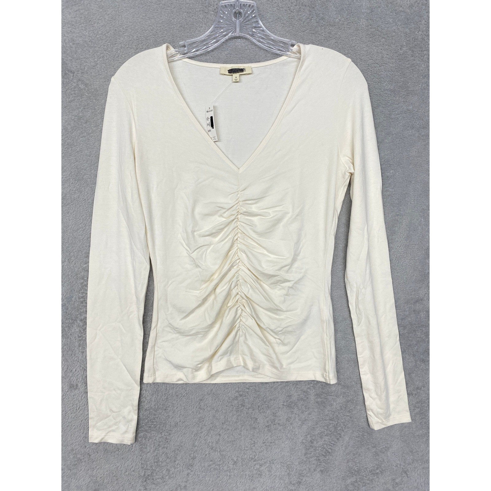 Madewell Womens Size M Shirred V Neck Long Sleeve Top White Cream NY534
