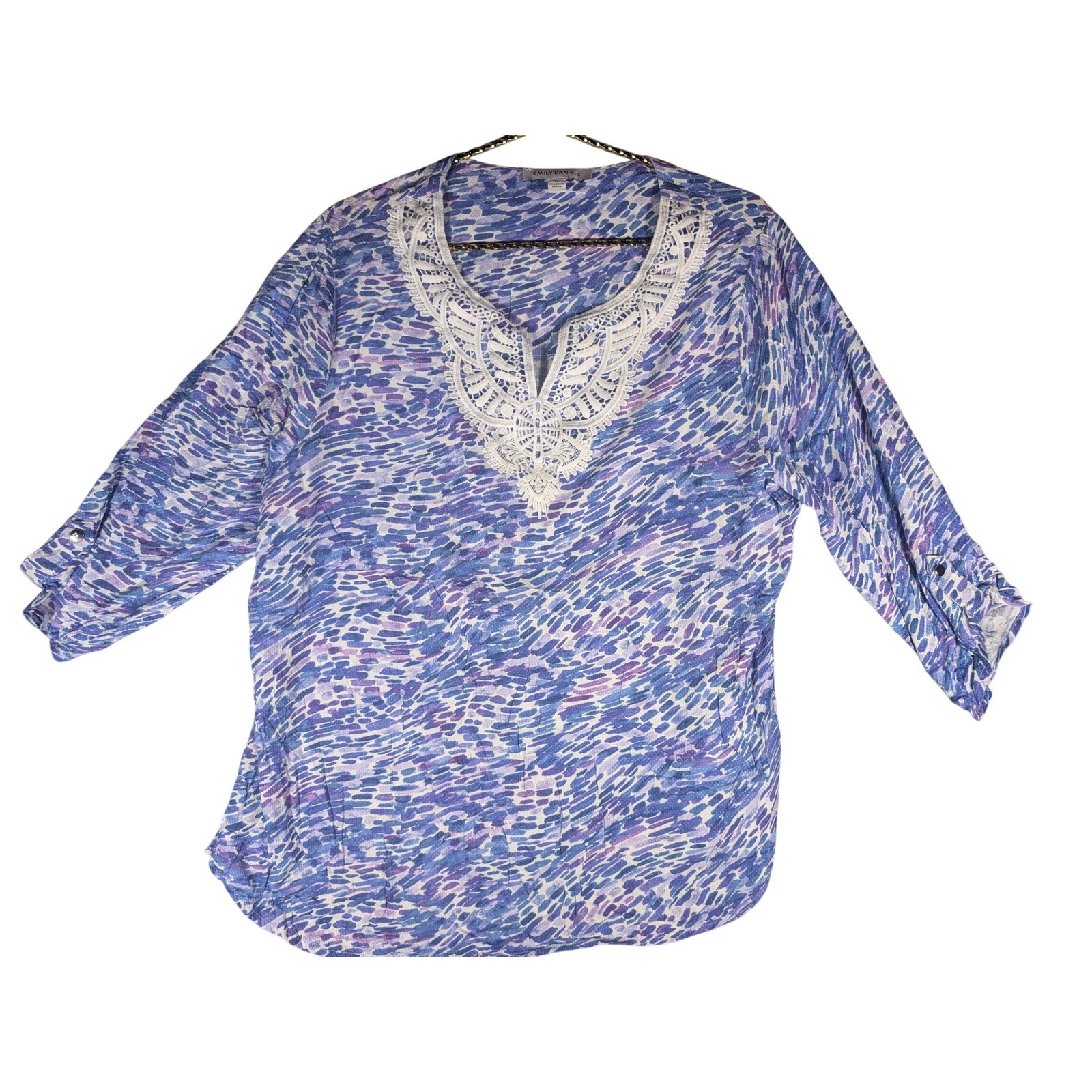 Emily Daniels Women 1X Blue Purple Abstract Crochet Lace V-Neck Roll-Tab Tunic
