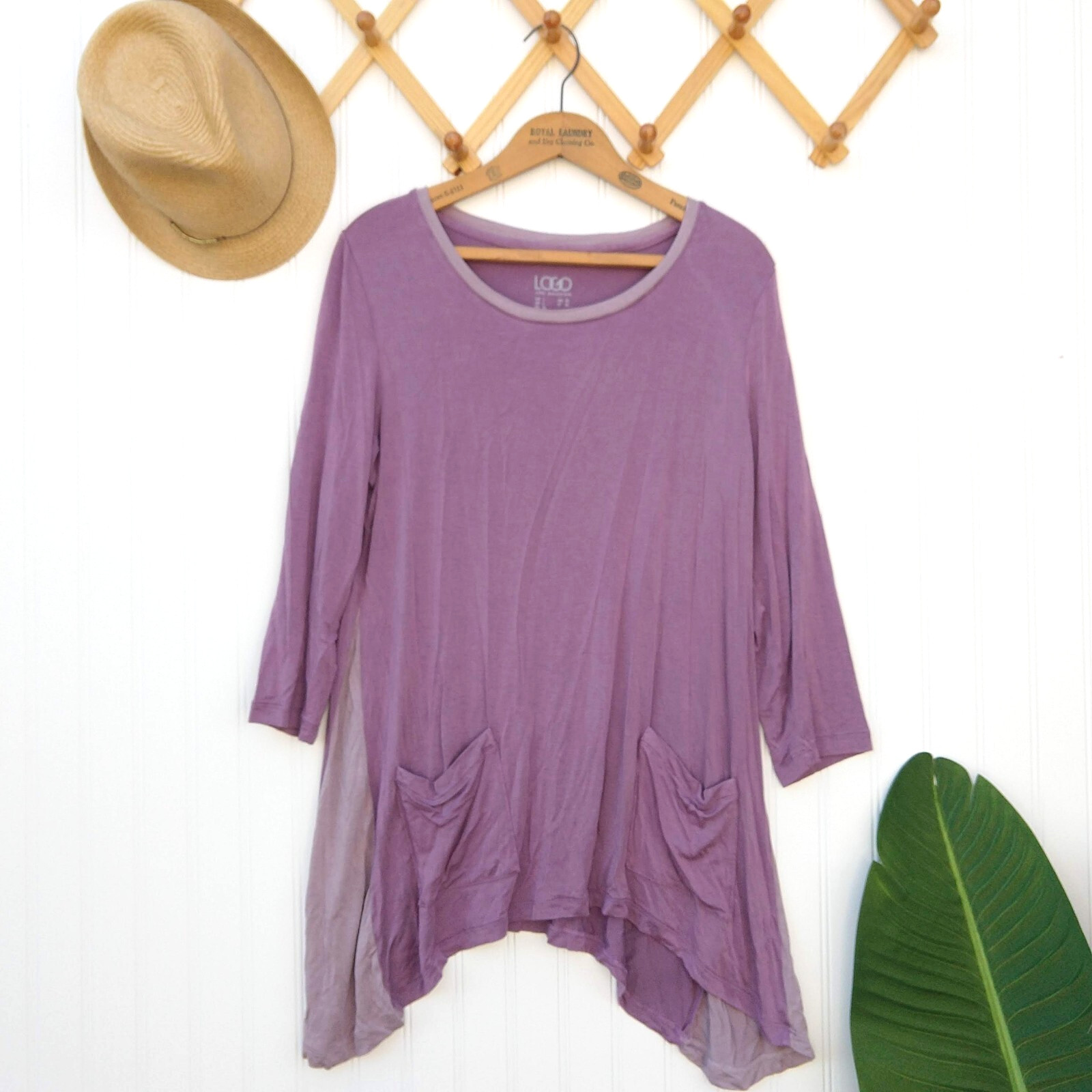 LOGO Lori Goldstein Color Block Tunic Top Size L Purple Lavender Pockets Draped