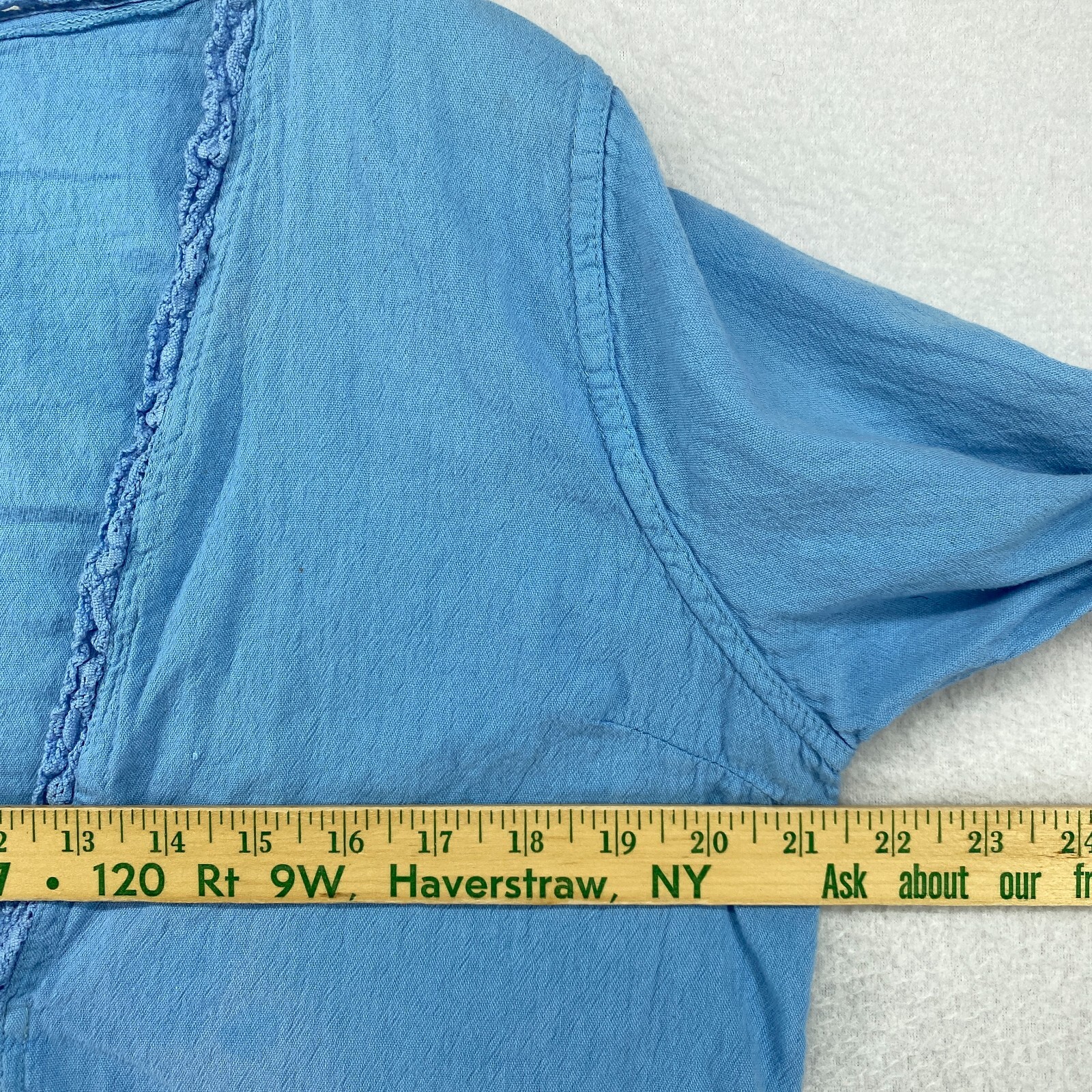 EUCALYPTUS Top Womens S Hand Crafted Crochet Trim Lagenlook Cotton Blue