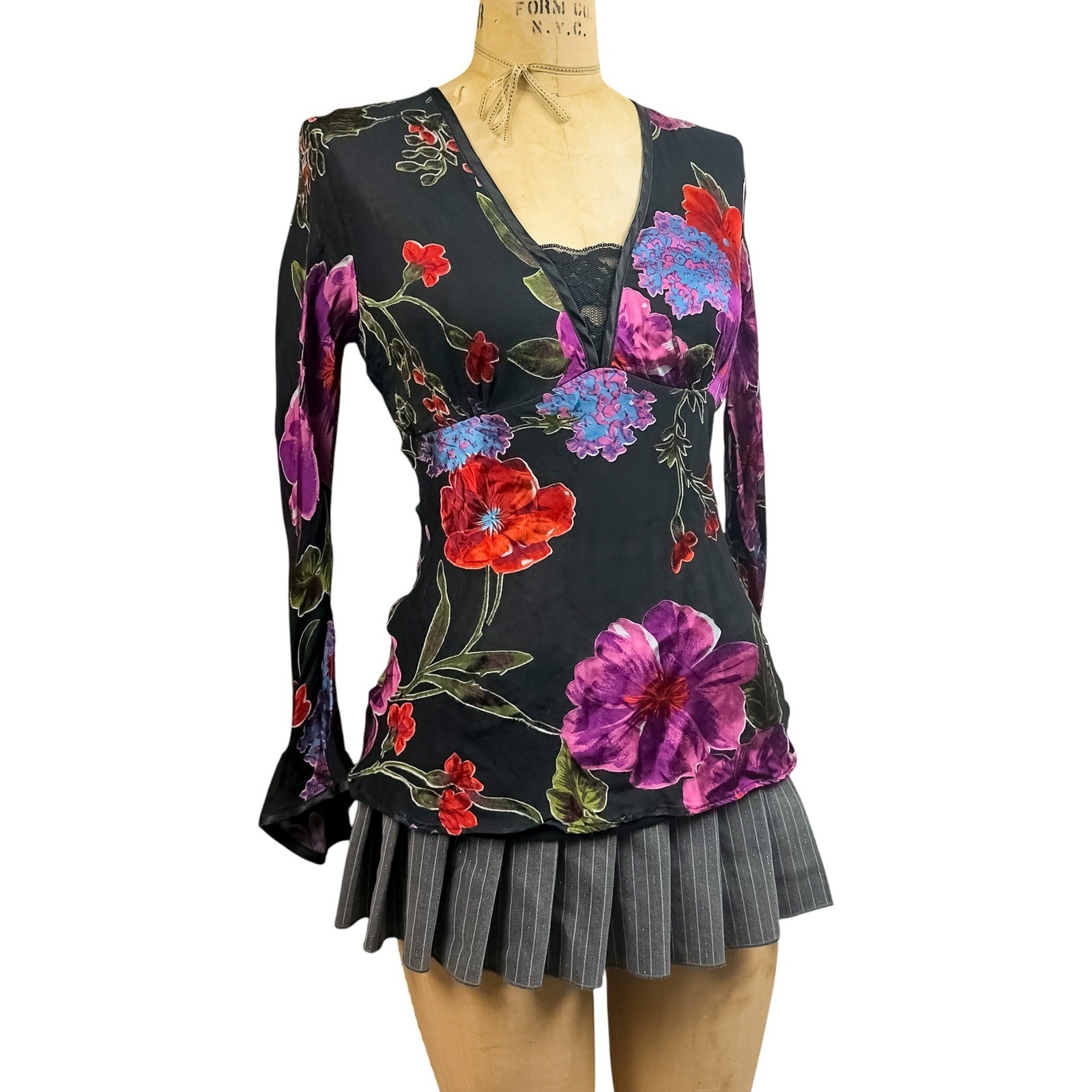Cache Whimsygoth Silk Sheer Floral Blouse Velvet Print Dark Romantic Small