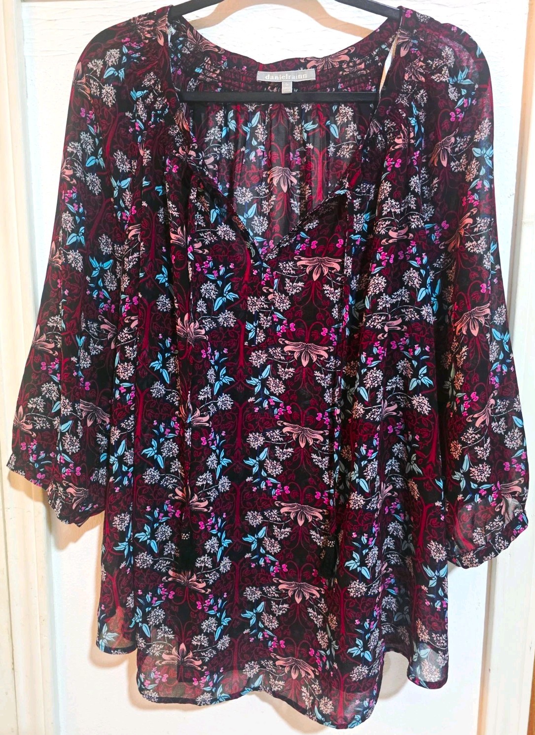 Daniel Rainn Women’s 3X Burgundy Floral Chiffon Polyester Sheer 3/4 Tie Blouse