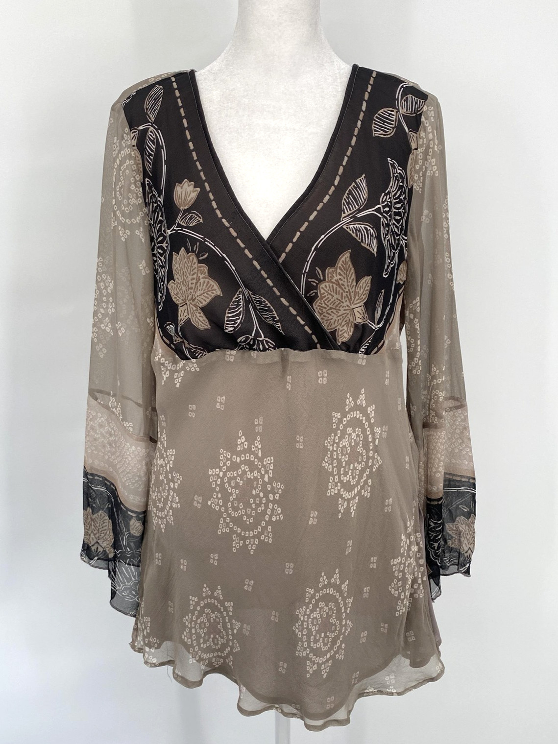 VTG NYC Design Co Top Womens Medium Beige Floral Silk Sheer Lined Fairy Boho Y2K