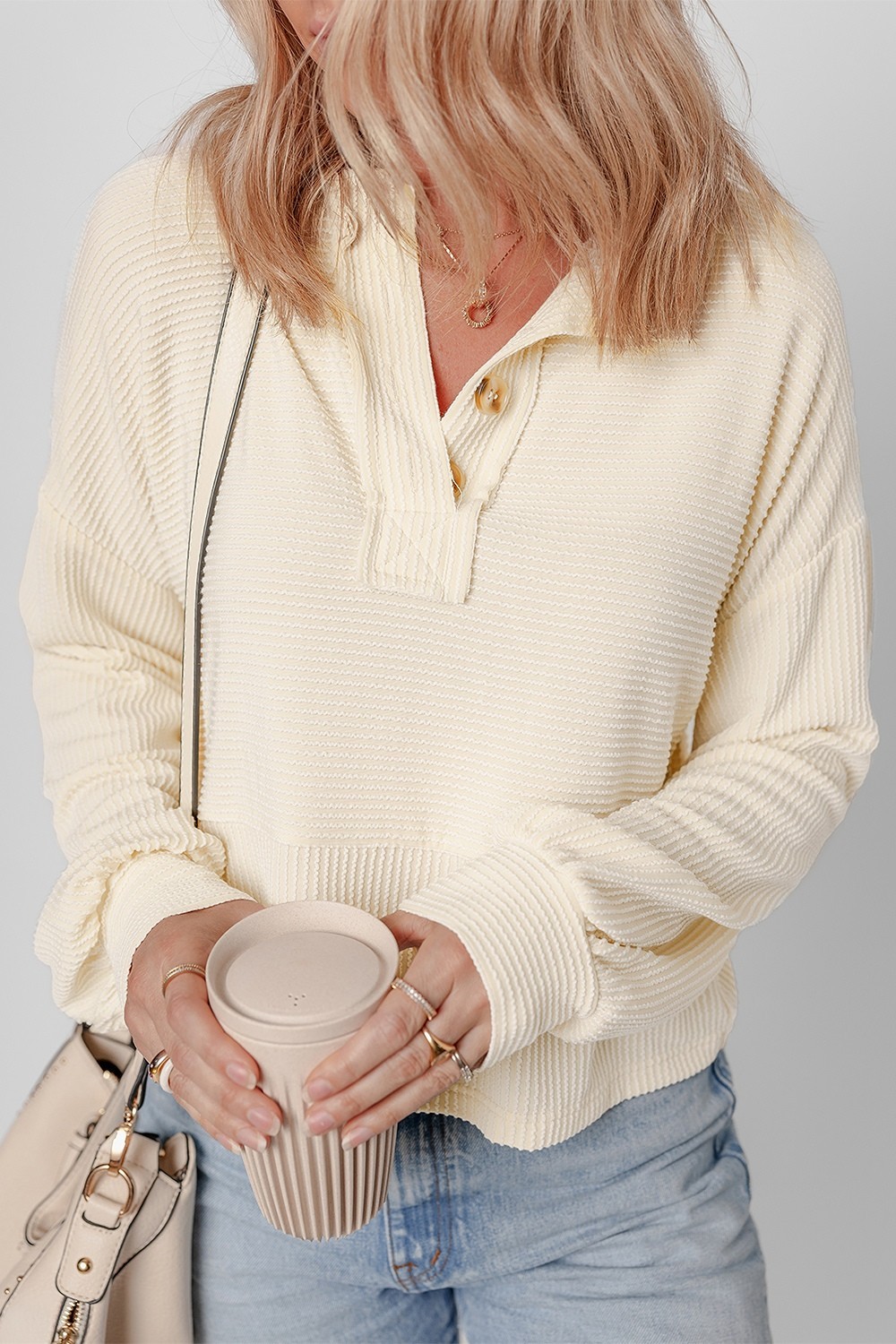 SYNA Corded Texture Henley Knit Top – Waffle Knit, Buttoned, Slight Stretch