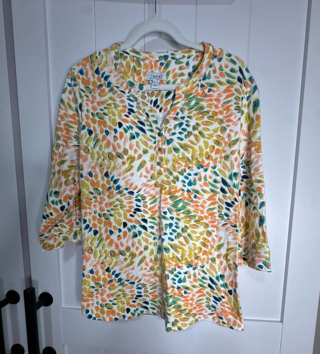 Denim & Co. Textured Knit 3/4-Sleeve Henley Top in Multi-Color Abstract Print